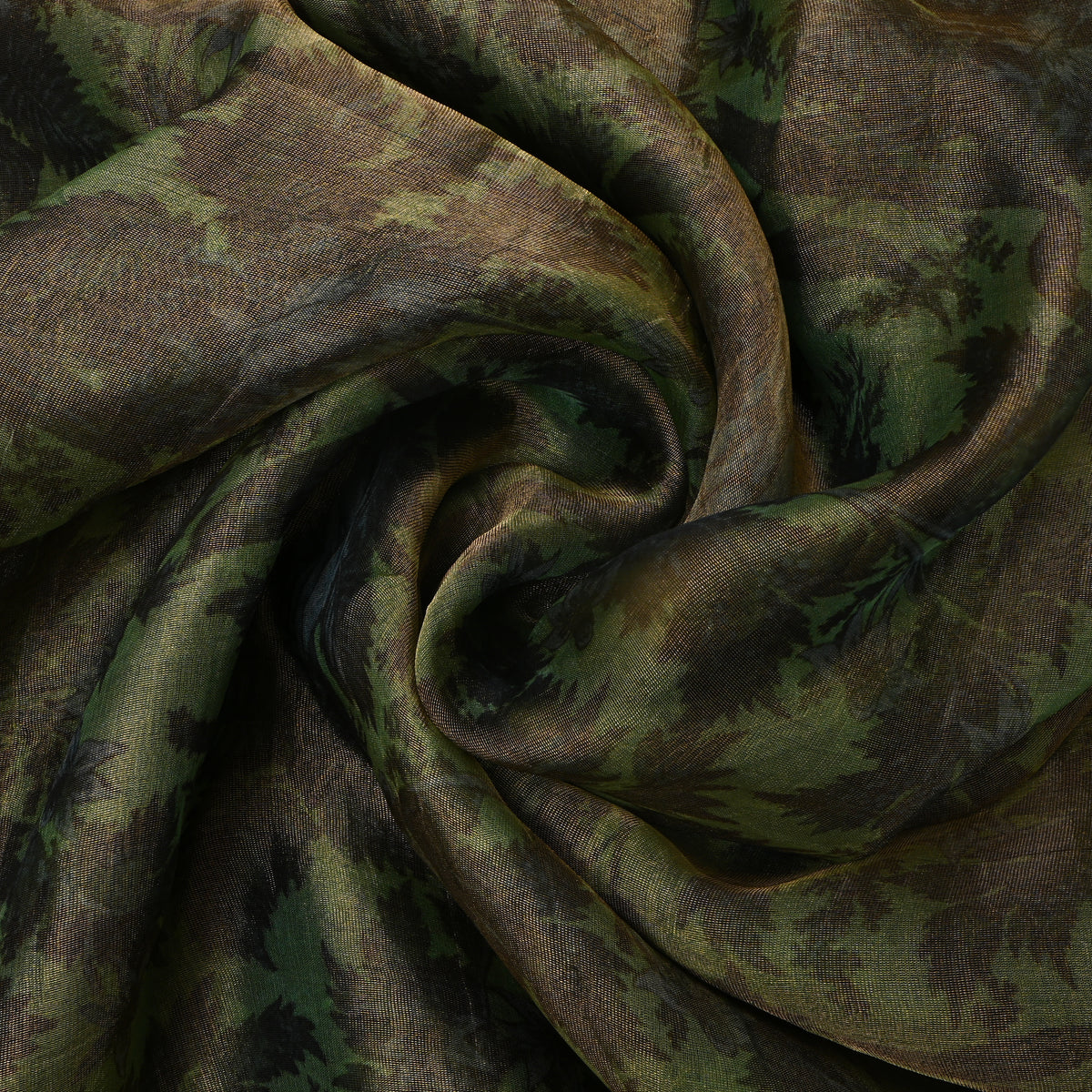 Moss Green Floral Print Organza Tissue Fabric