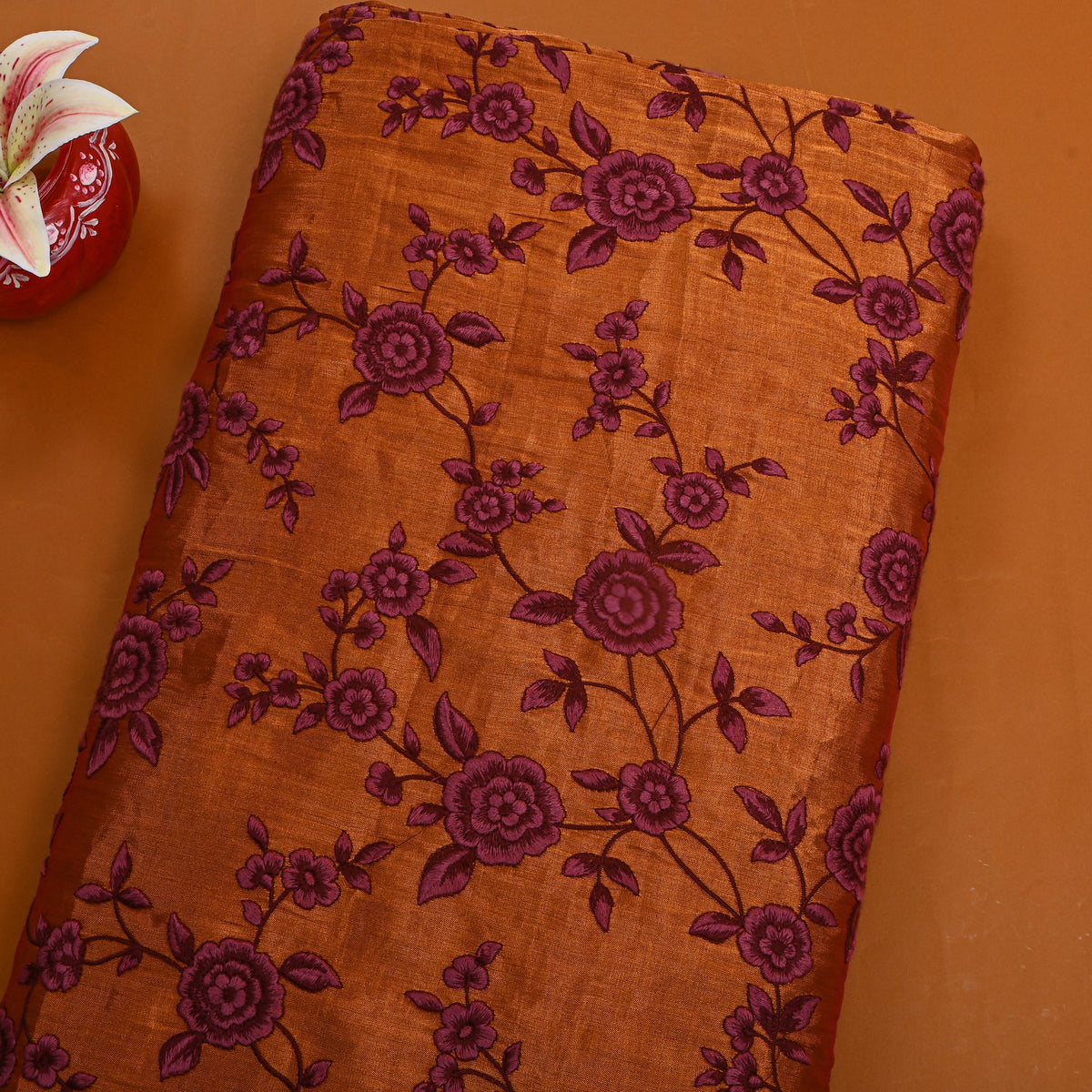 Rust Metallic Maroon Rose Jaal Thread Work Tissue Fabric