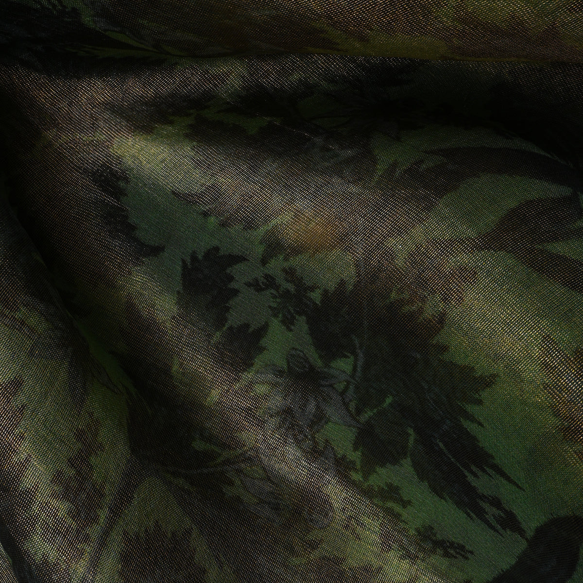 Moss Green Floral Print Organza Tissue Fabric