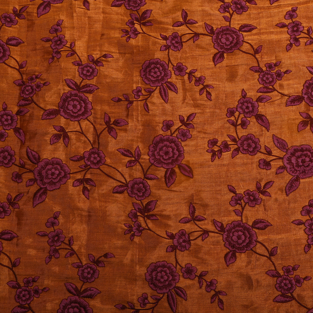 Rust Metallic Maroon Rose Jaal Thread Work Tissue Fabric