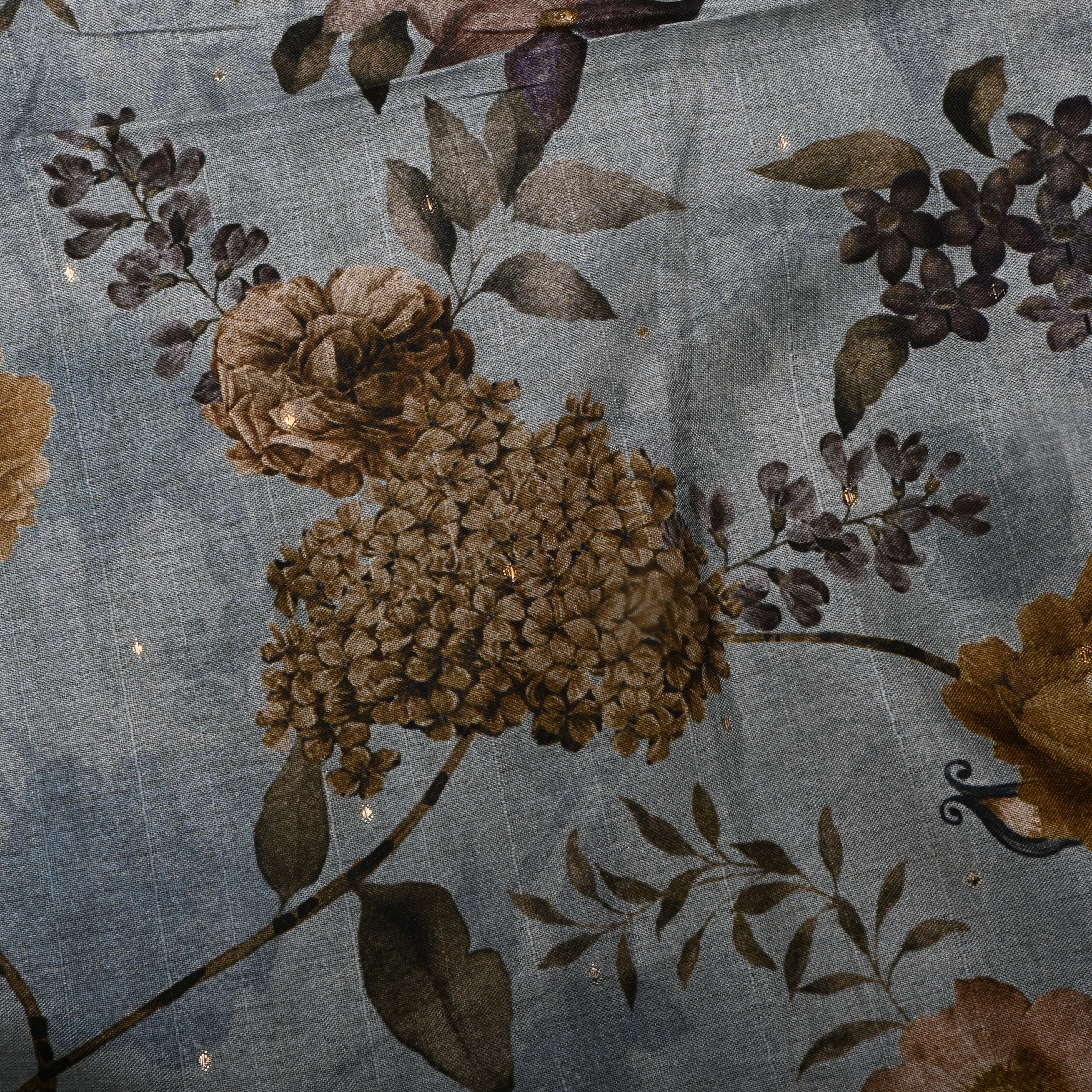 Slate Grey Tussar Fabric With Digital Prints