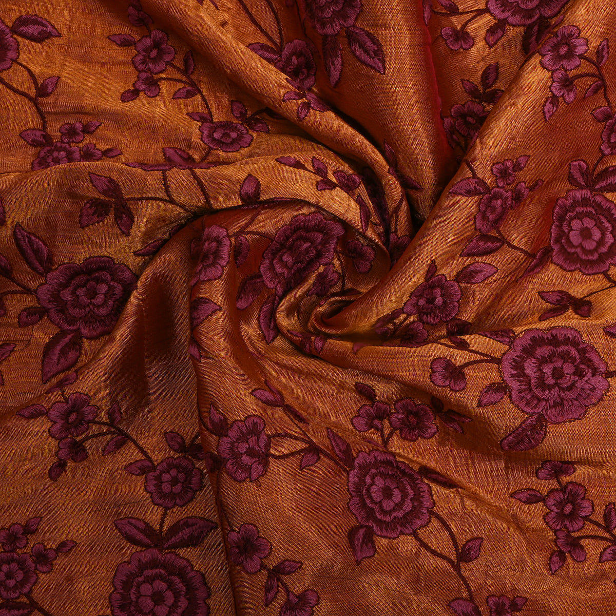 Rust Metallic Maroon Rose Jaal Thread Work Tissue Fabric