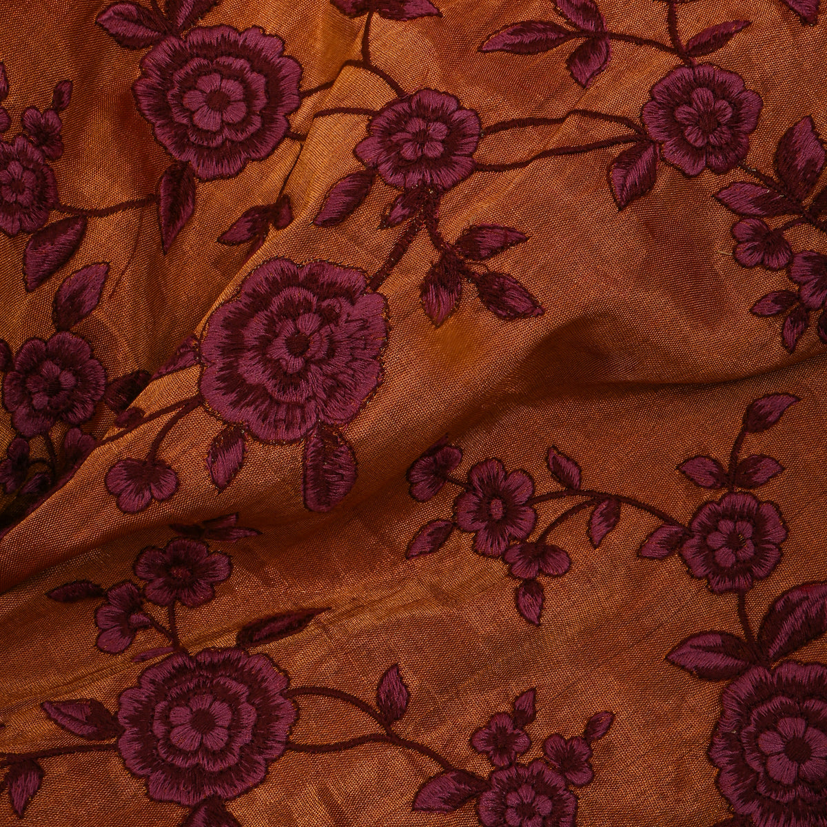 Rust Metallic Maroon Rose Jaal Thread Work Tissue Fabric