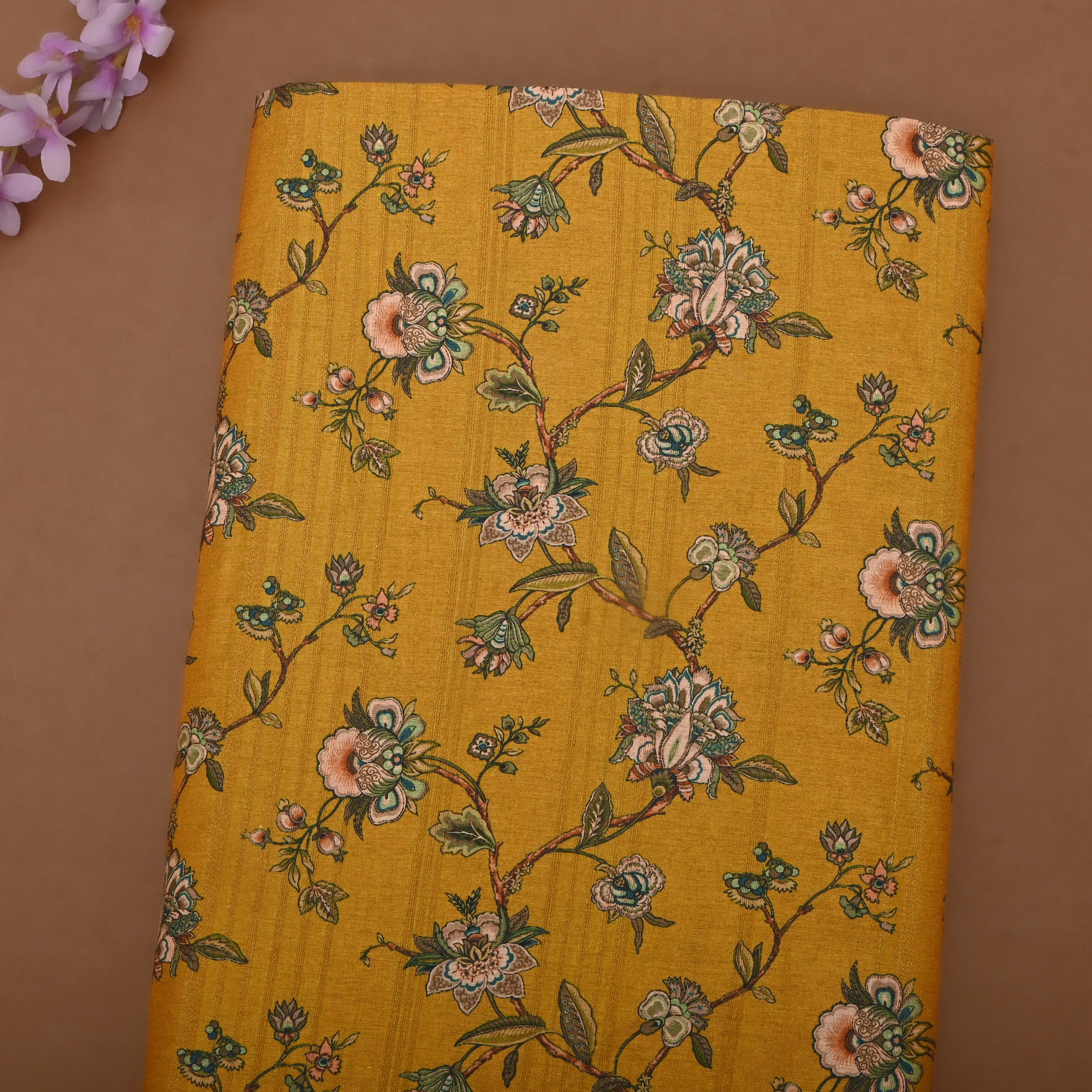 Cheddar Yellow Tussar Fabric With Floral Prints