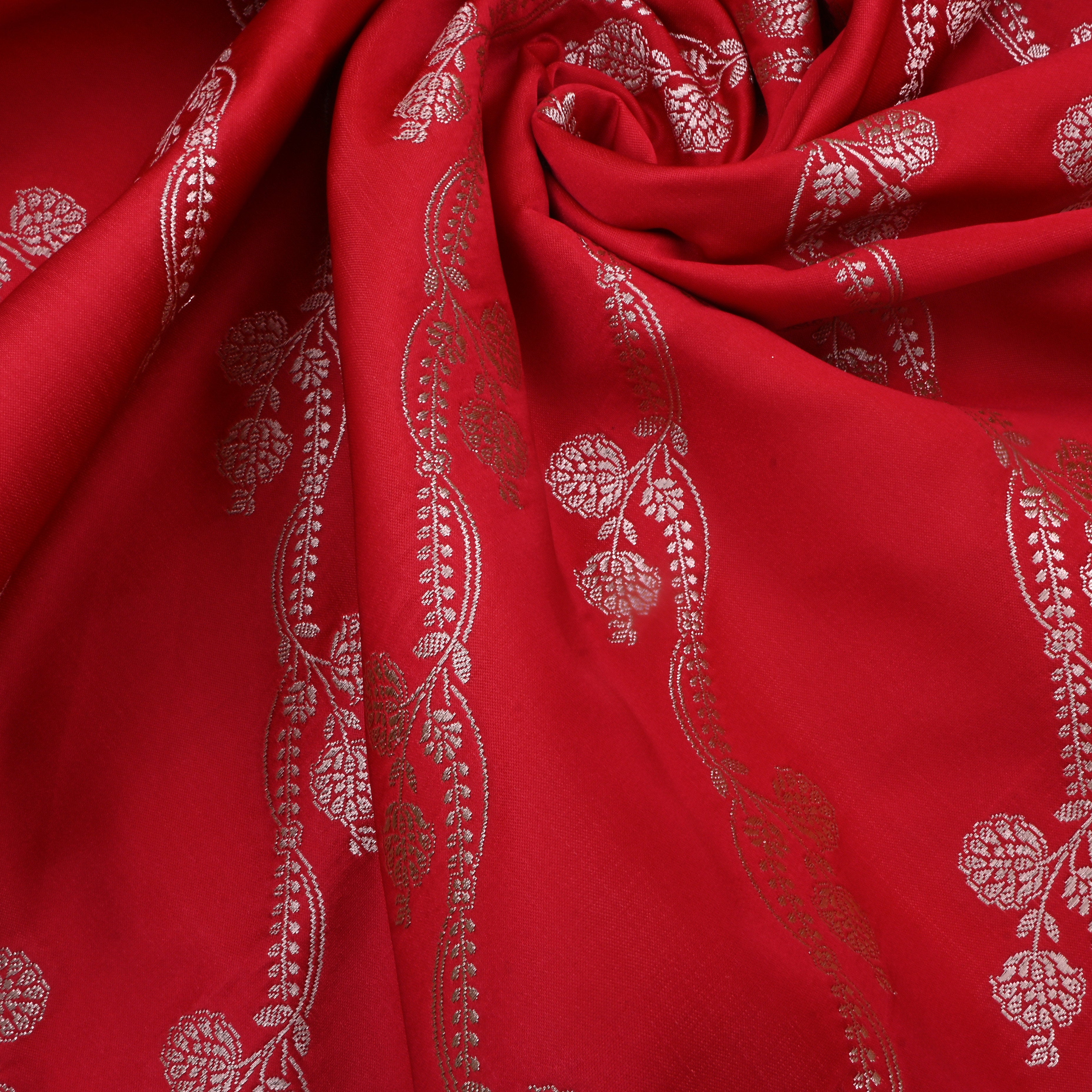 Chili Red Jamawar Satin Fabric With Floral Stripes