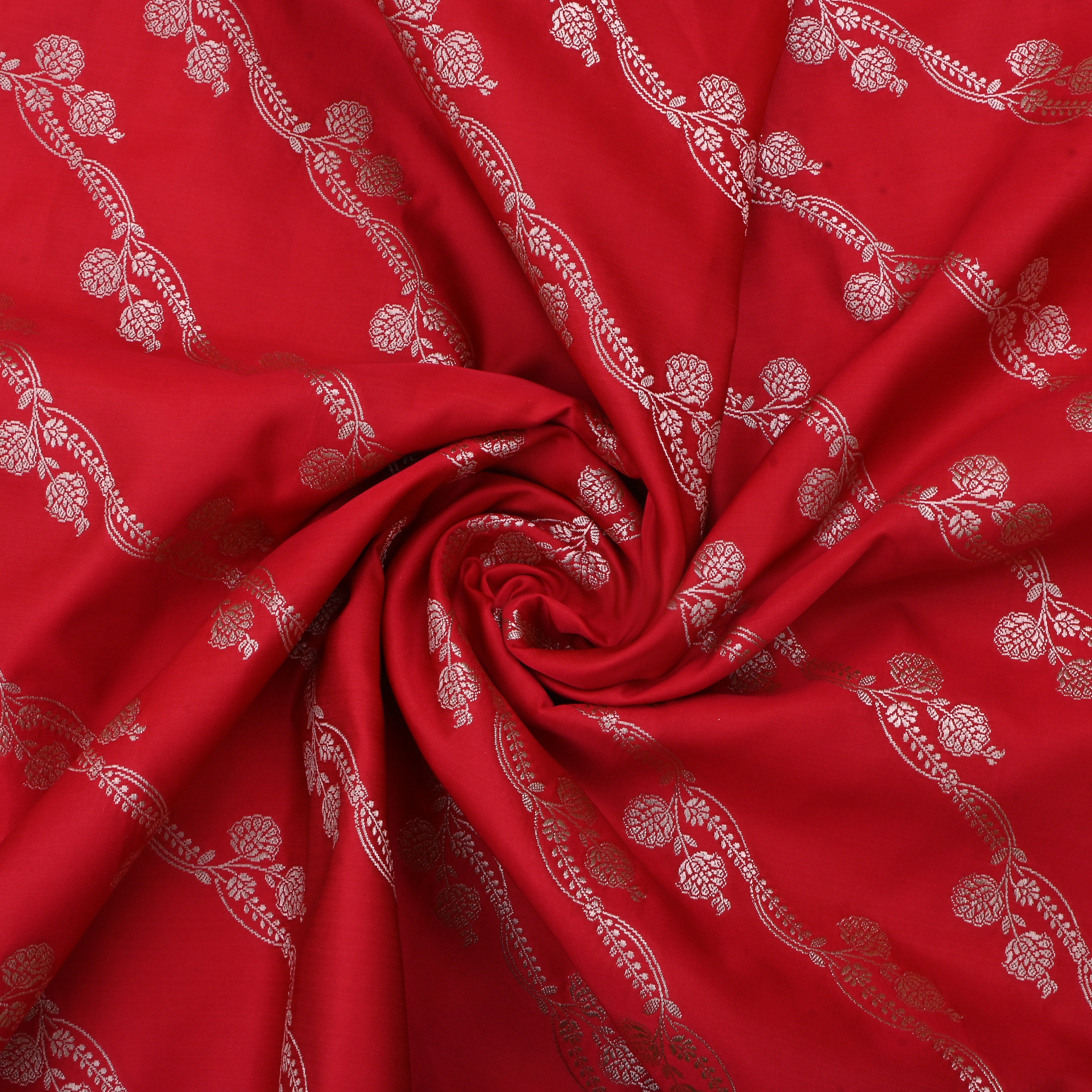 Chili Red Jamawar Satin Fabric With Floral Stripes