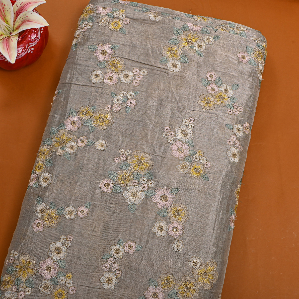 Dark Grey Tissue Fabric With Floral Thread Work