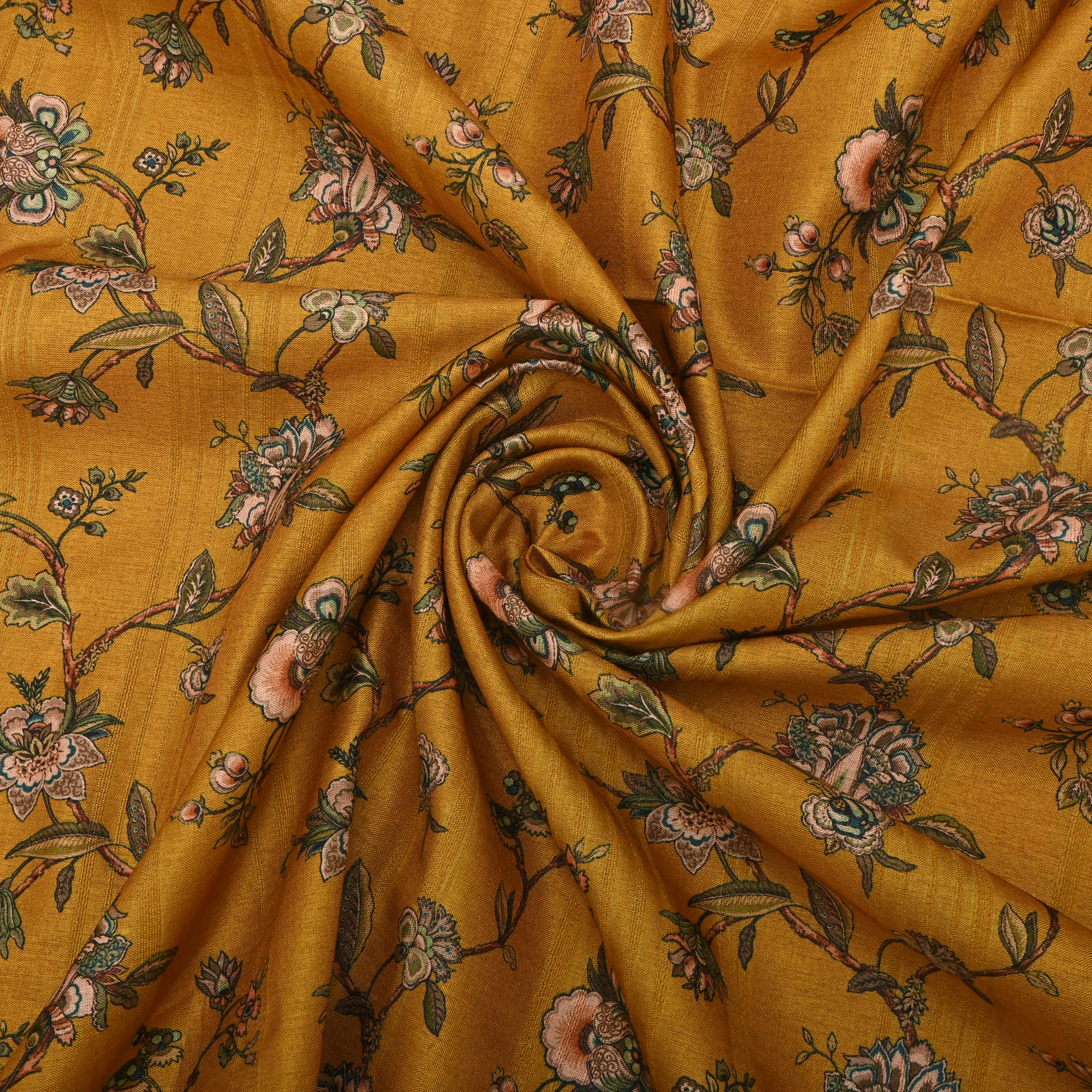 Cheddar Yellow Tussar Fabric With Floral Prints