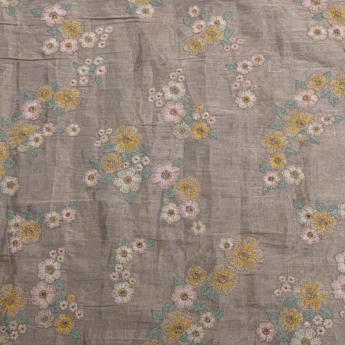 Dark Grey Tissue Fabric With Floral Thread Work
