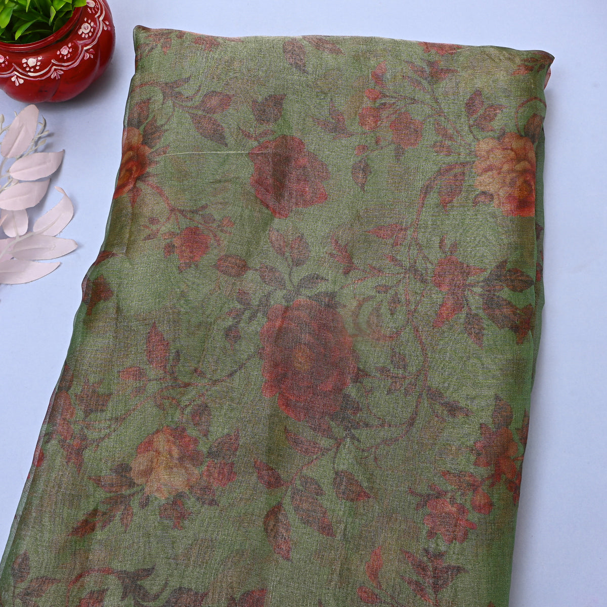 Fern Green Floral Print Organza Tissue Fabric