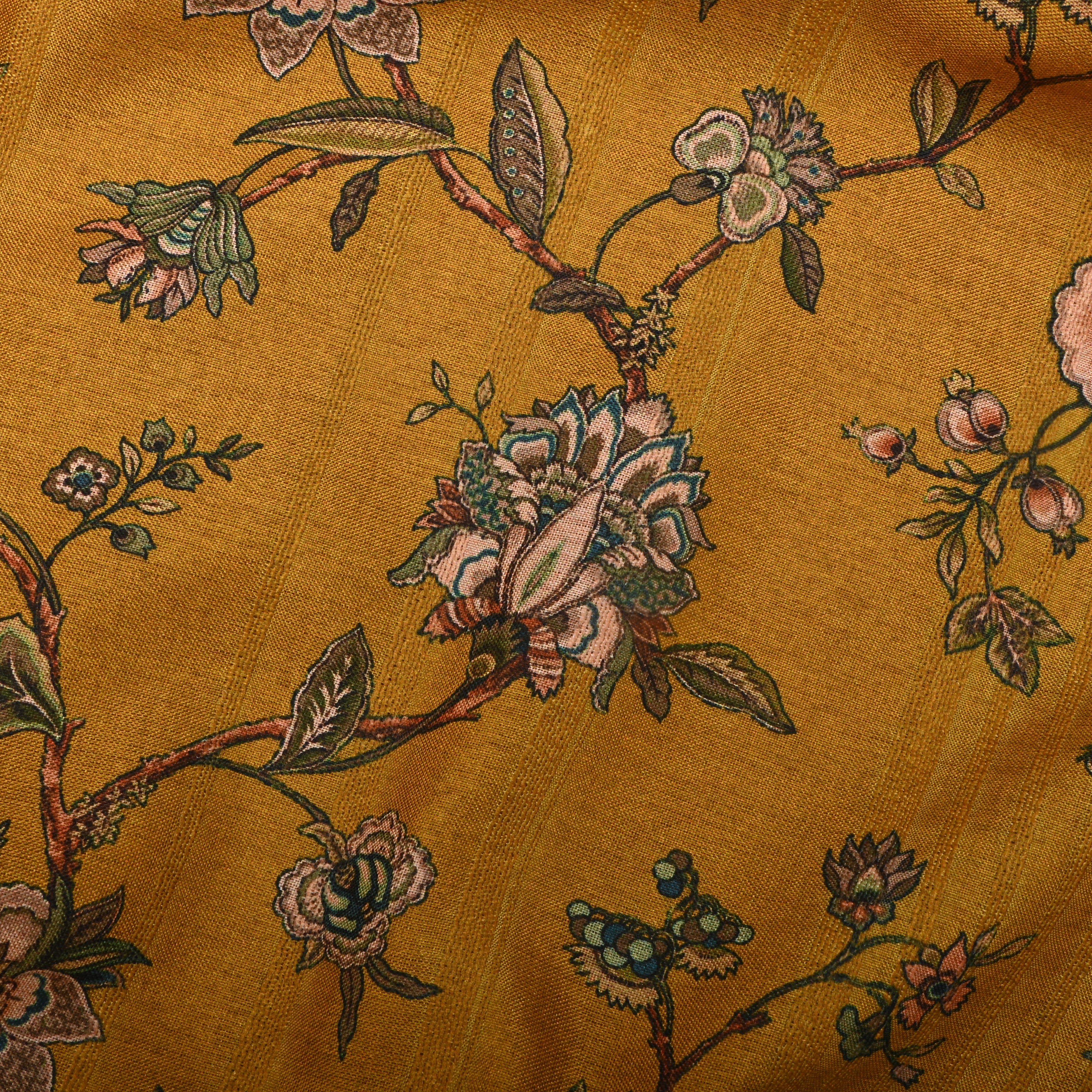 Cheddar Yellow Tussar Fabric With Floral Prints
