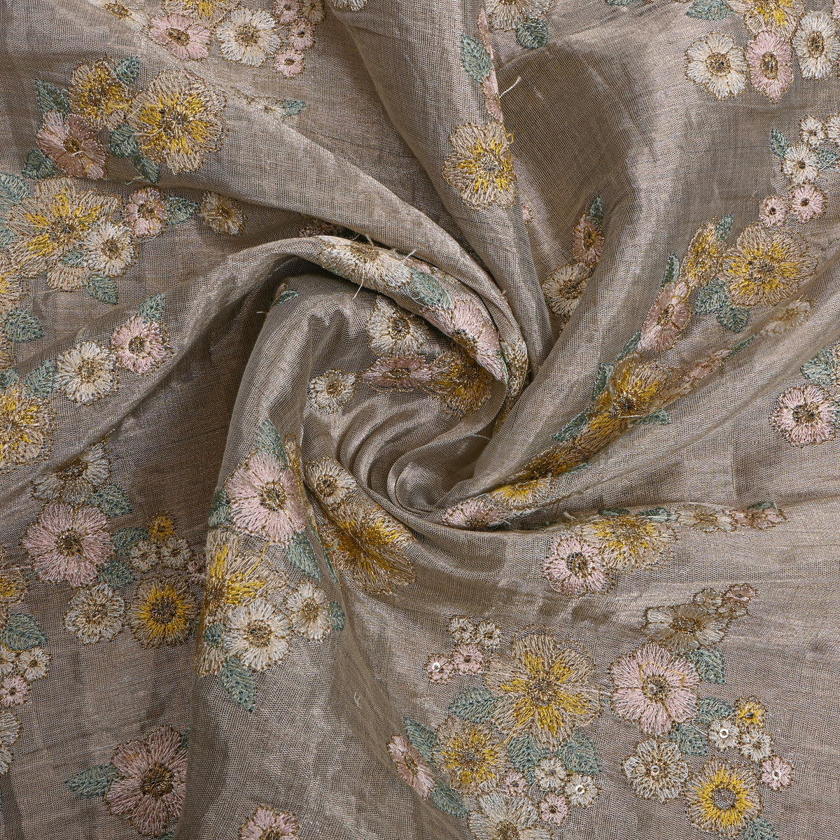 Dark Grey Tissue Fabric With Floral Thread Work