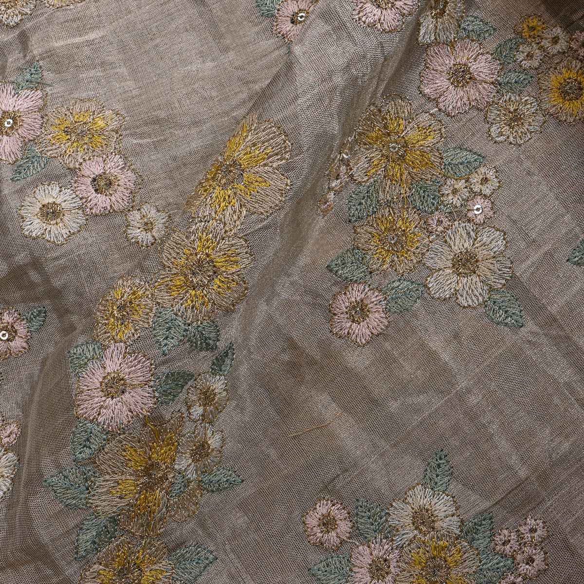 Dark Grey Tissue Fabric With Floral Thread Work