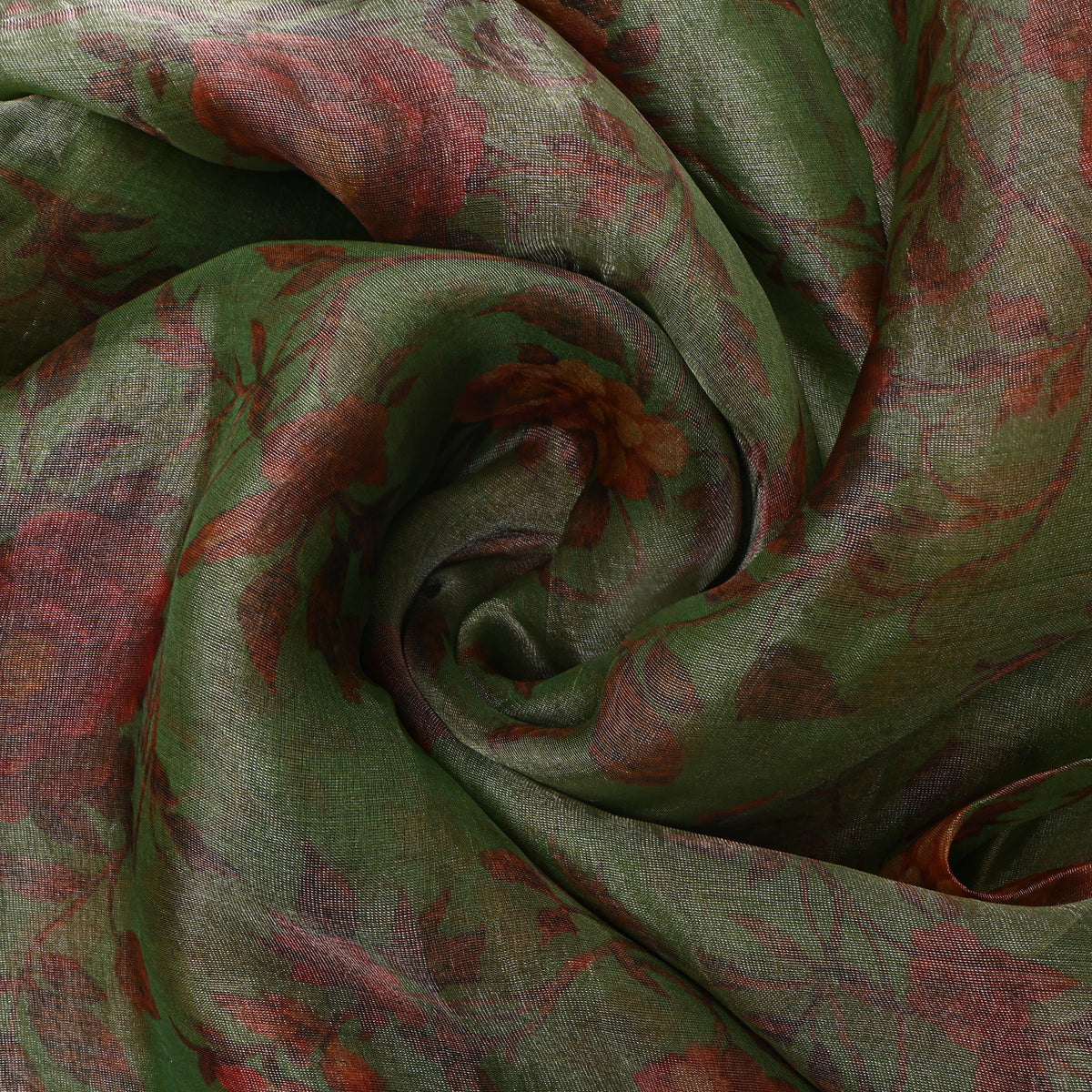 Fern Green Floral Print Organza Tissue Fabric