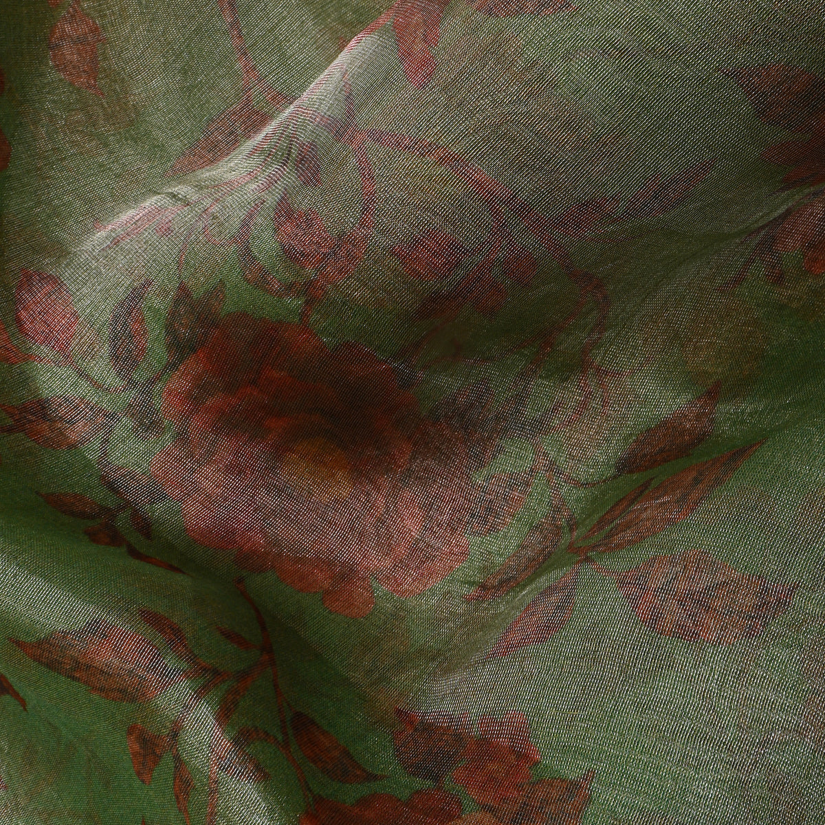 Fern Green Floral Print Organza Tissue Fabric