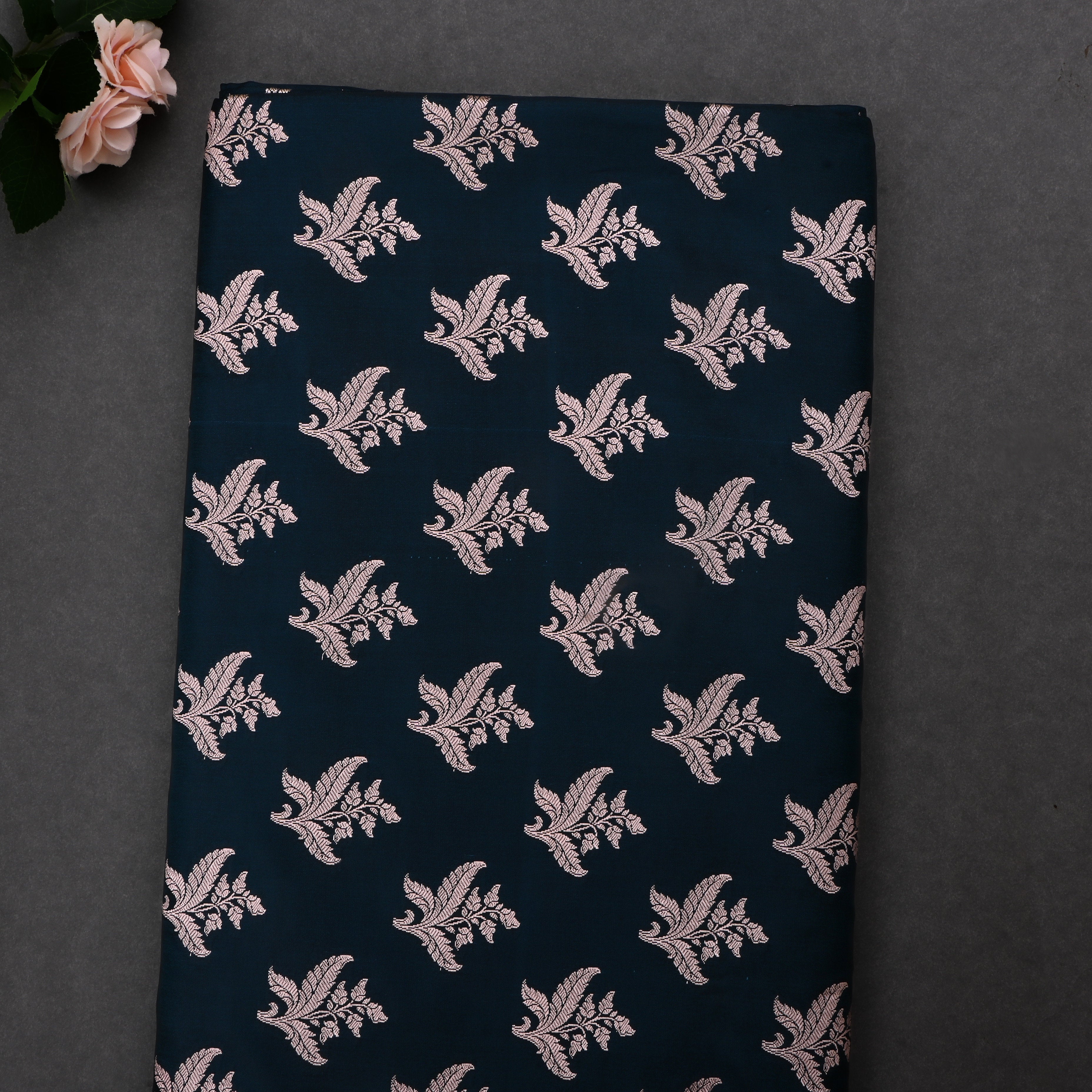 Blackish Blue Jamawar Satin Fabric With Floral Butti'S