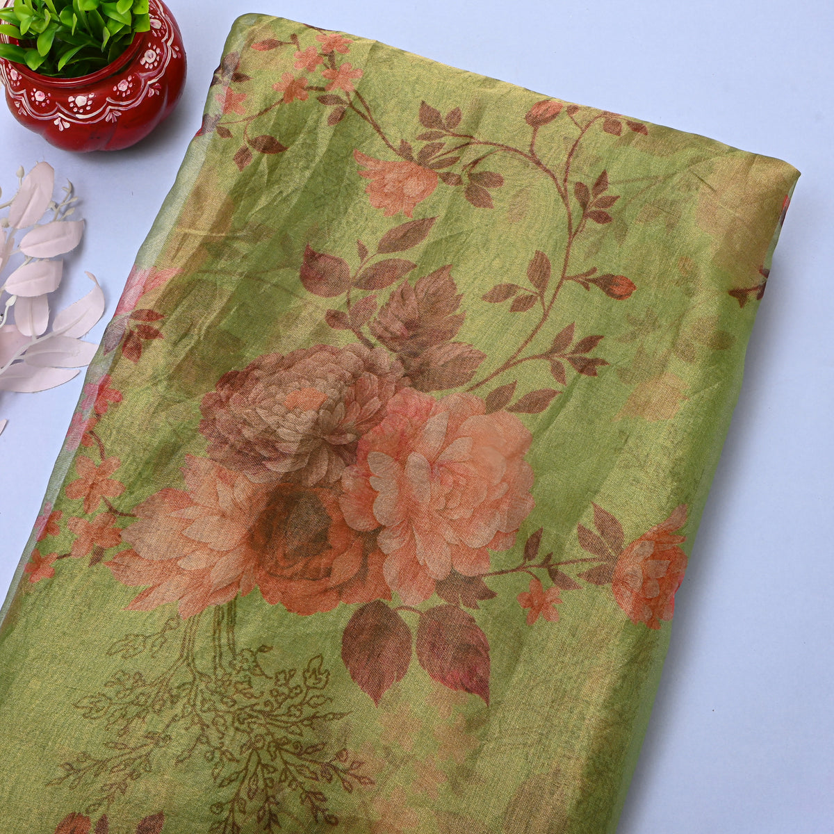 Fern Green Floral Print Organza Tissue Fabric