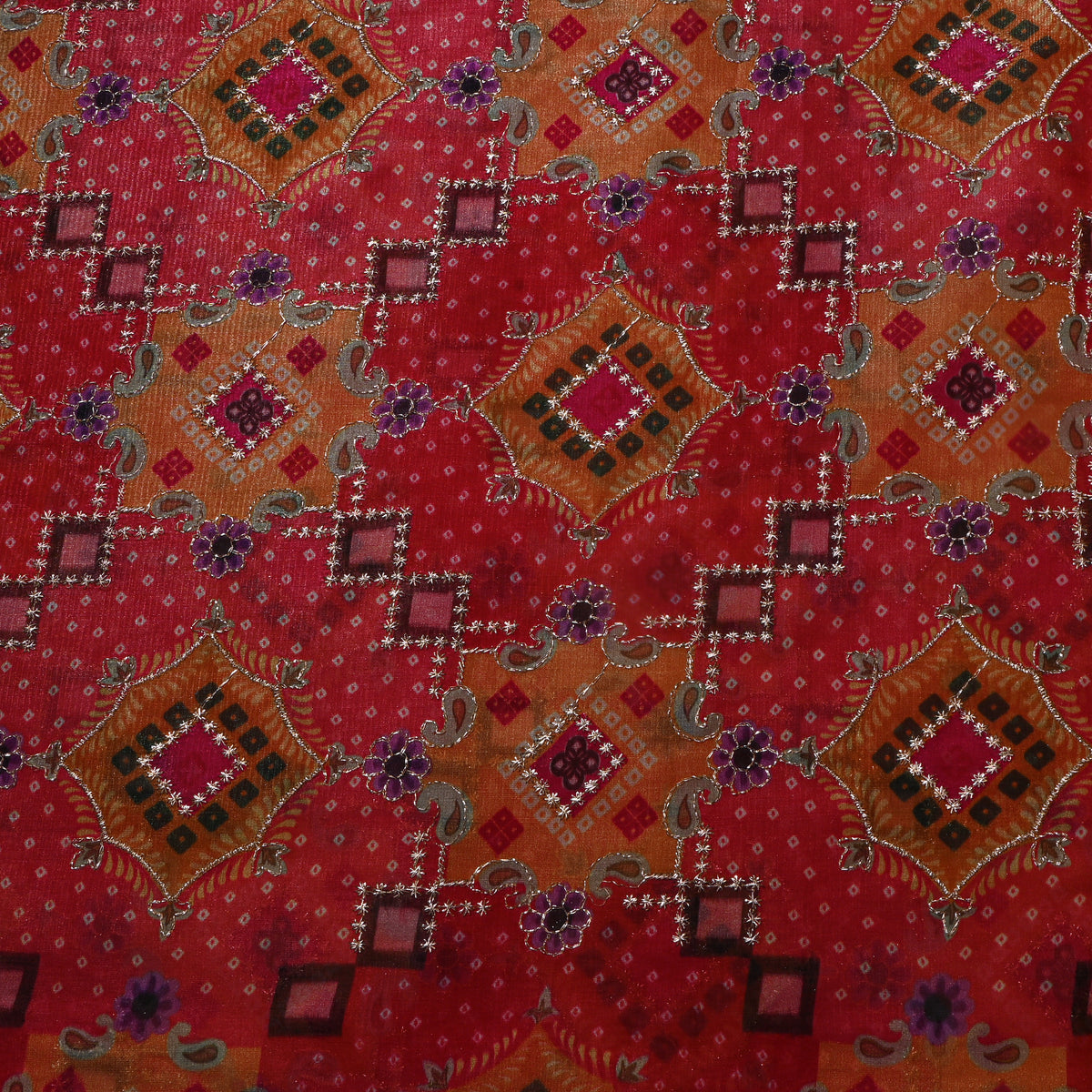 Poppy Pink Bandhani Geometric Print Tissue Fabric