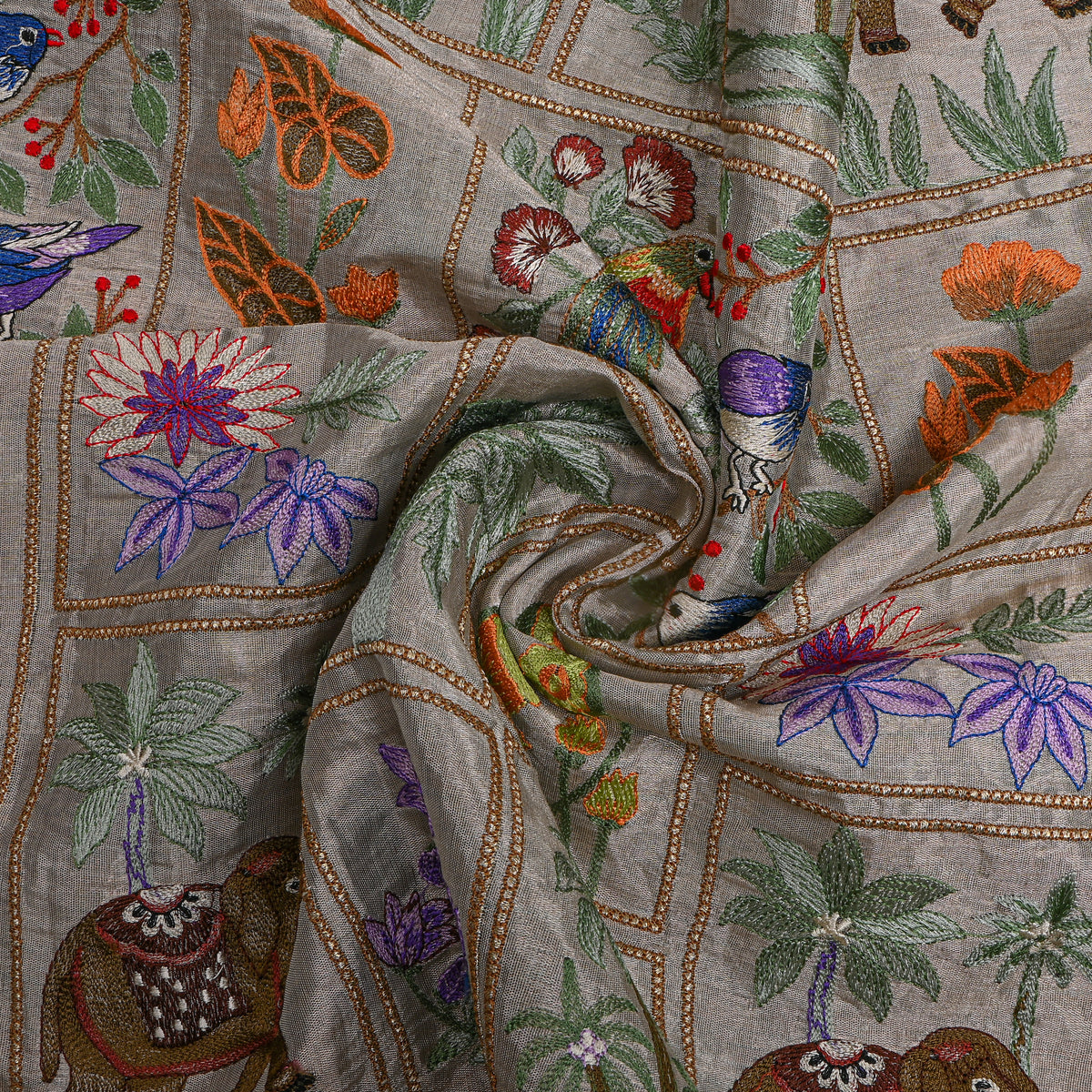 Smoke Grey Silver Shikargah Thread Work Tissue Fabric