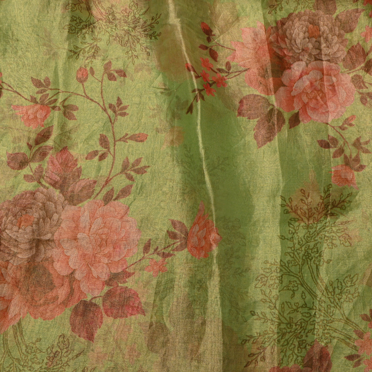 Fern Green Floral Print Organza Tissue Fabric