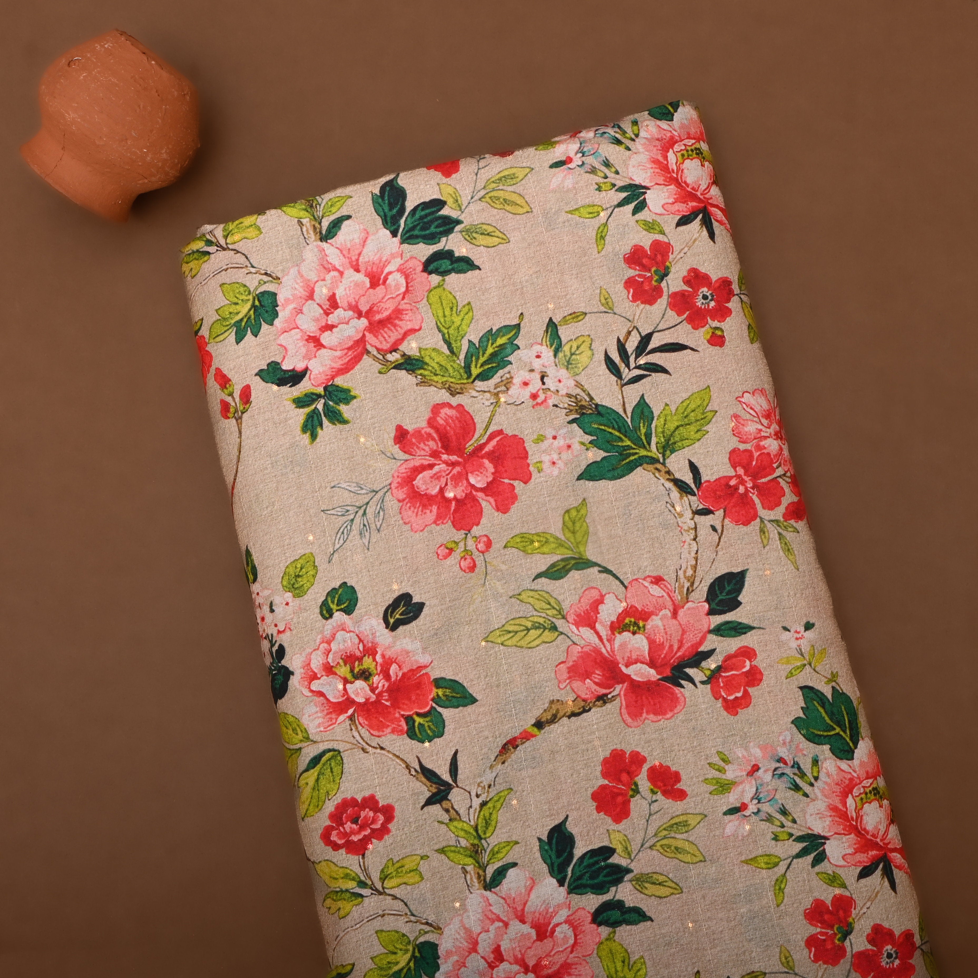 Beige Tussar Fabric With Floral Digital Prints