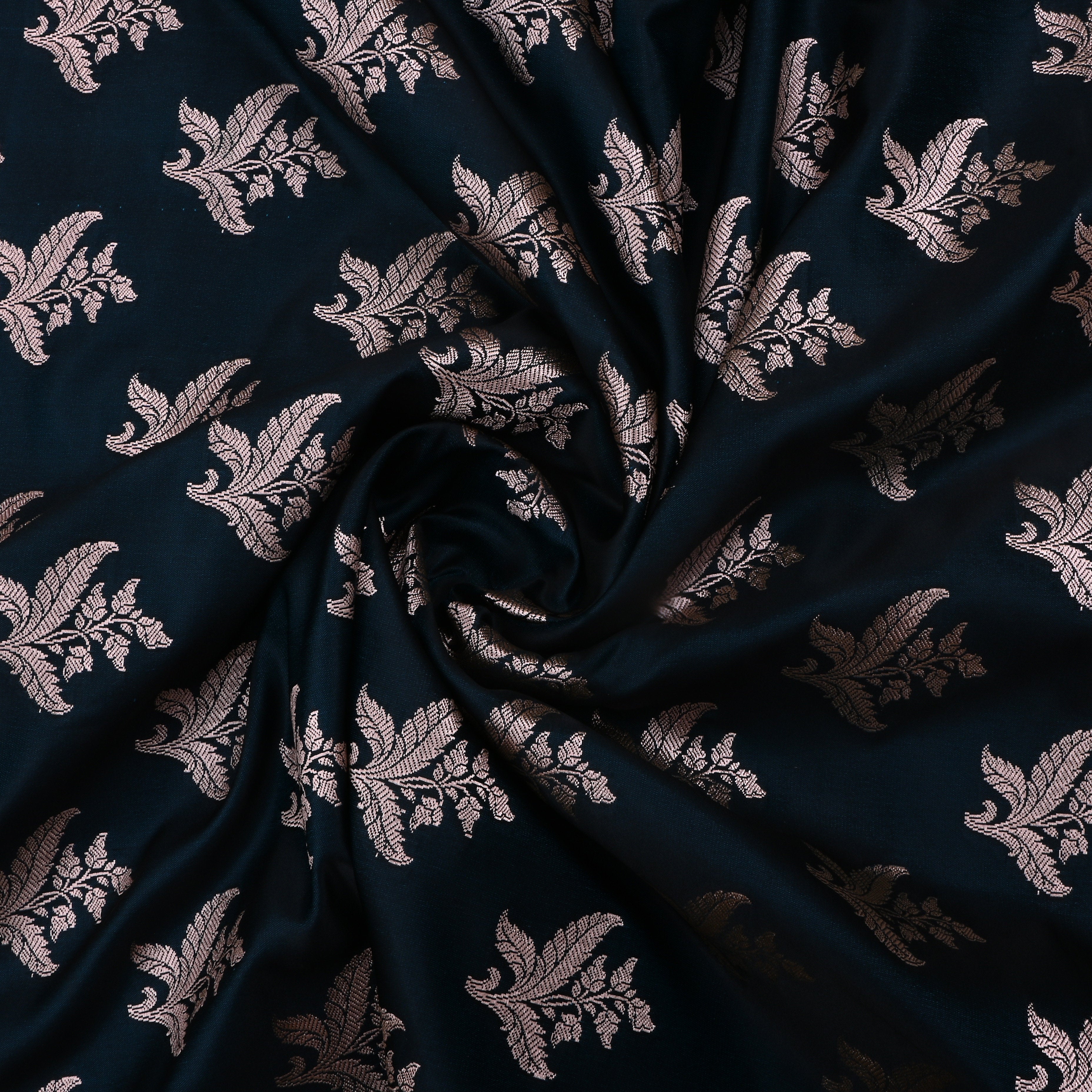 Blackish Blue Jamawar Satin Fabric With Floral Butti'S