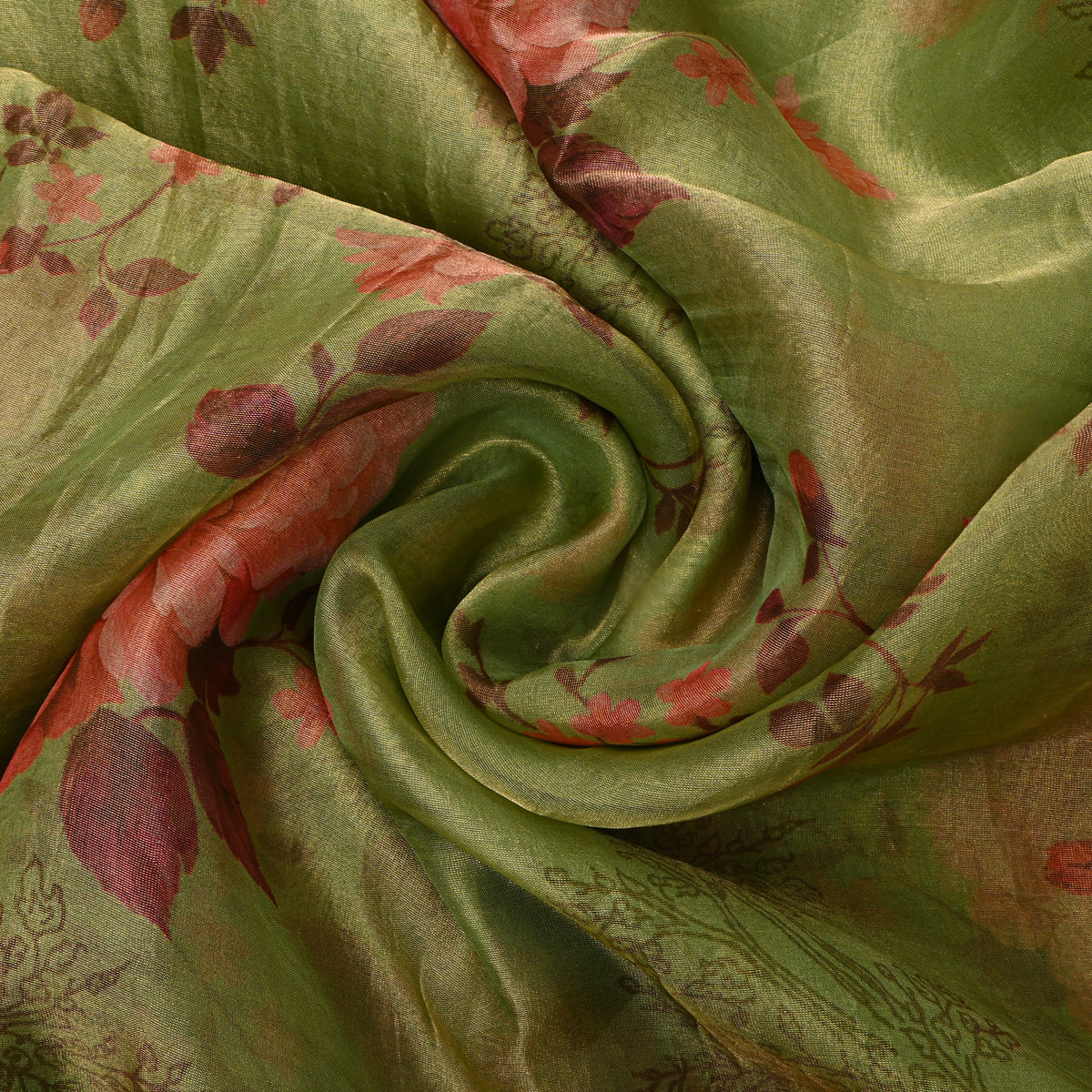 Fern Green Floral Print Organza Tissue Fabric