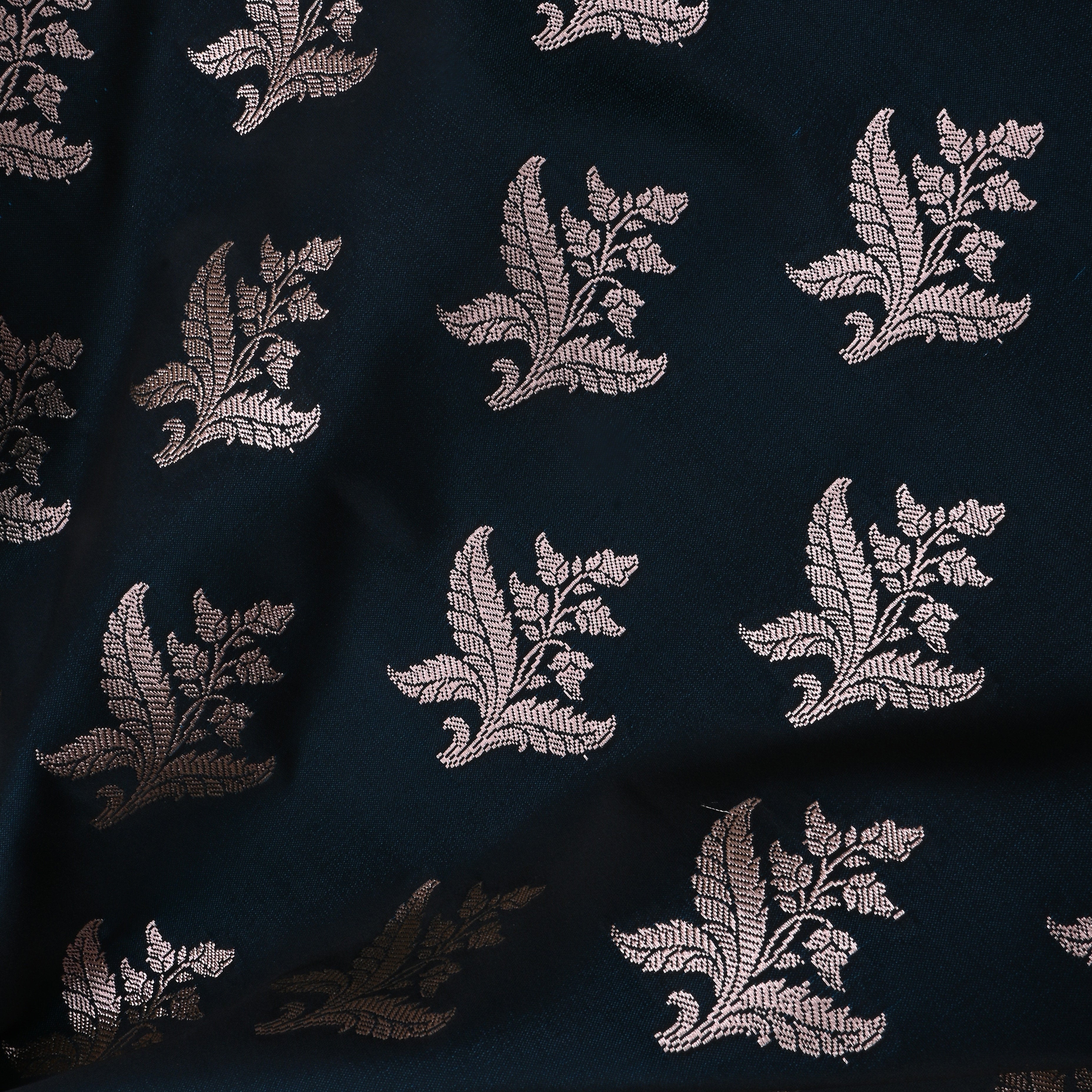 Blackish Blue Jamawar Satin Fabric With Floral Butti'S