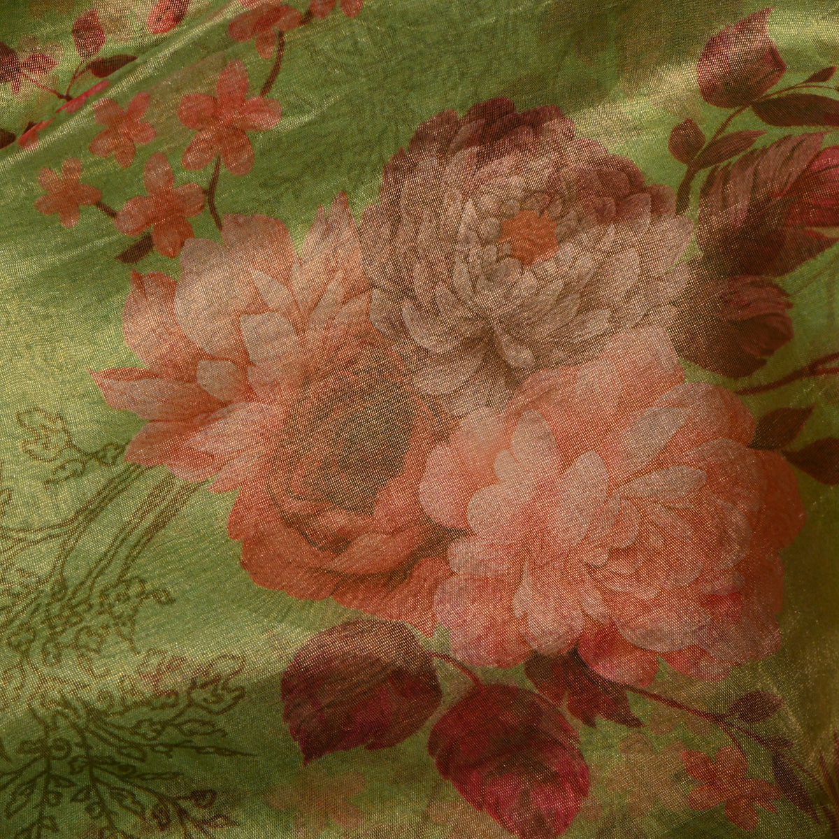 Fern Green Floral Print Organza Tissue Fabric