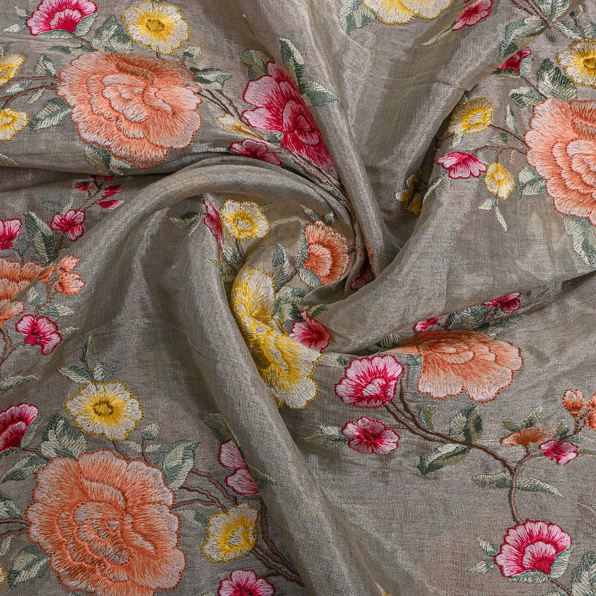 Grey Peach Floral Jaal Thread Work Tissue Fabric