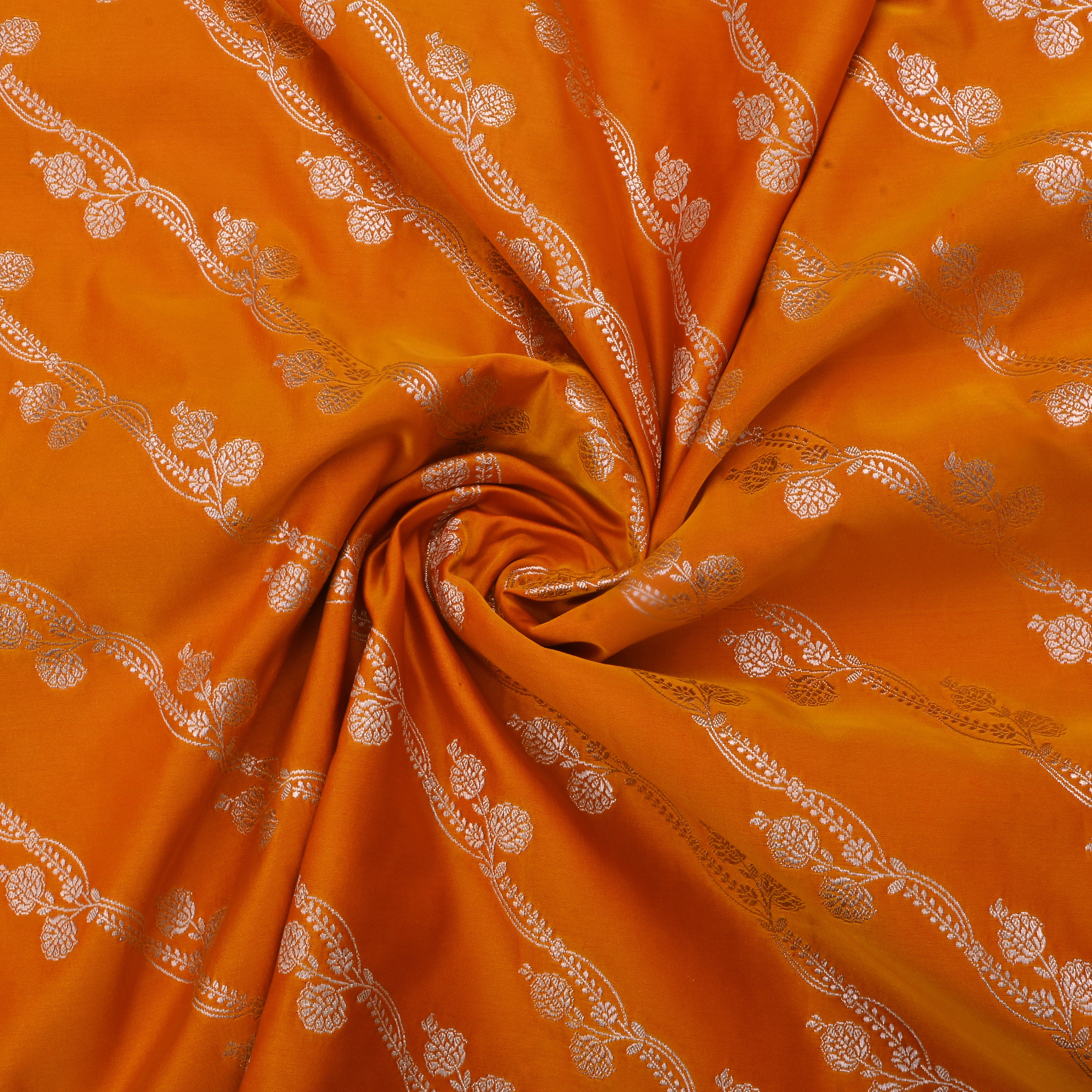 Bamboo Orange Jamawar Satin Fabric With Floral Stripes