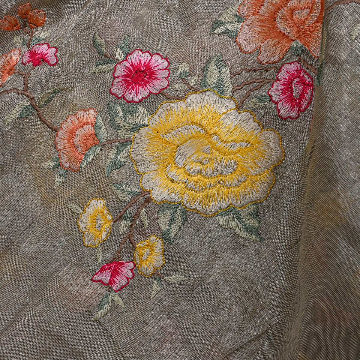 Grey Peach Floral Jaal Thread Work Tissue Fabric