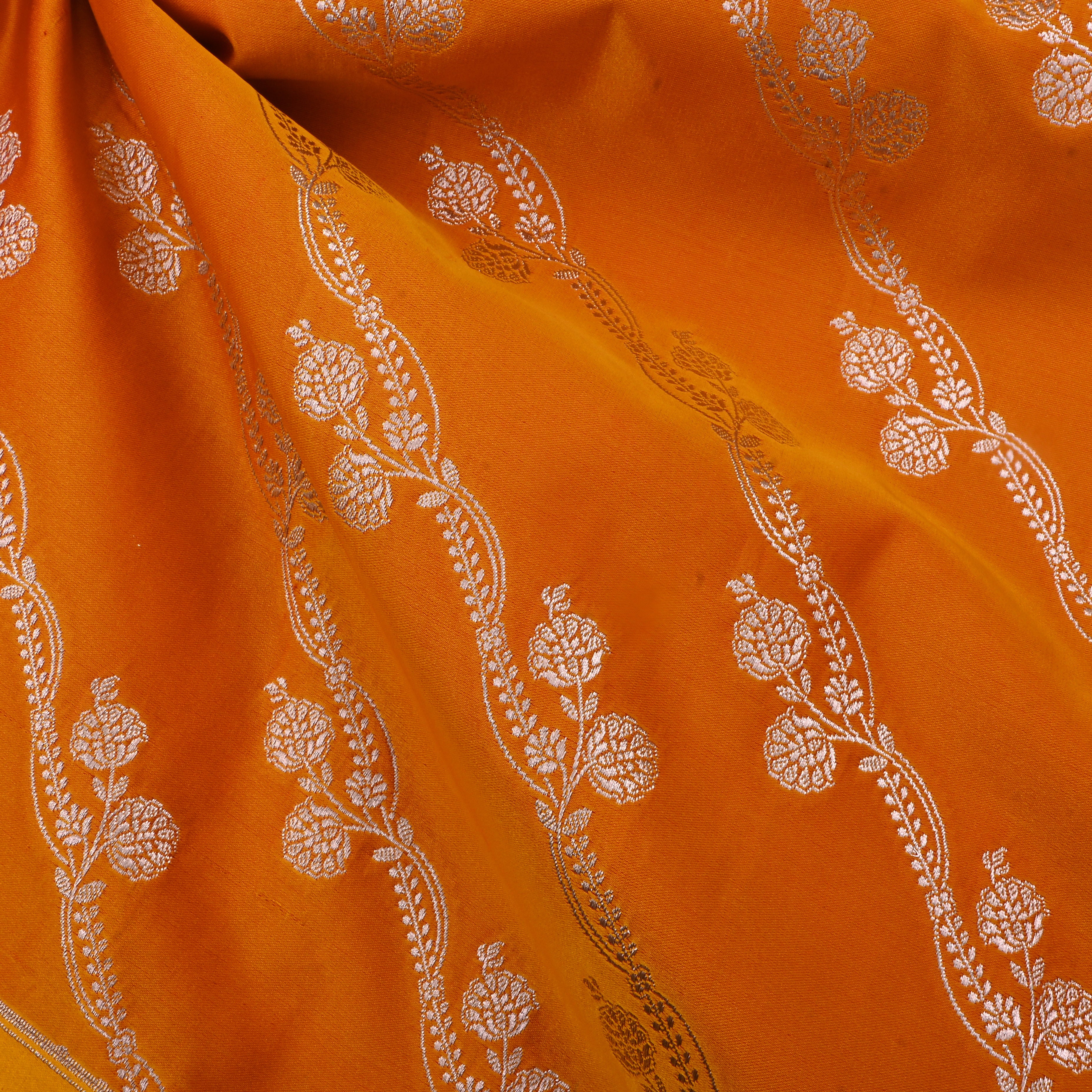 Bamboo Orange Jamawar Satin Fabric With Floral Stripes