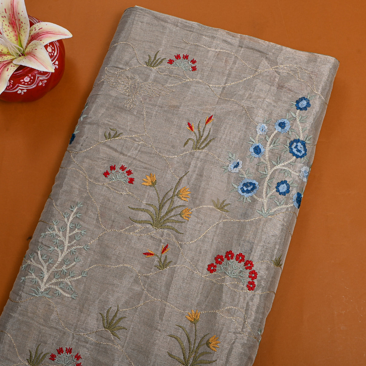 Grey Gold Blue Floral Thread Work Tissue Fabric
