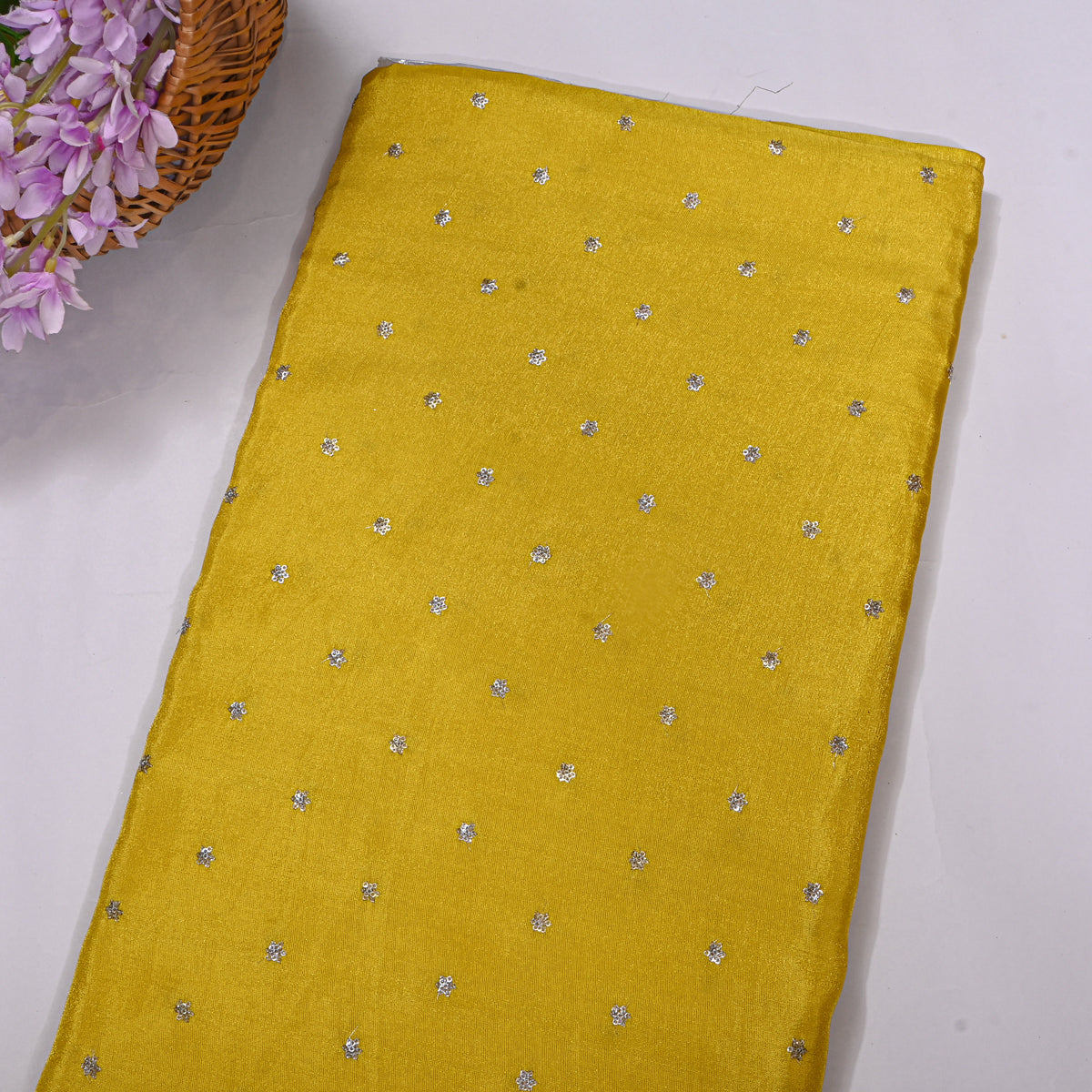 Citron Yellow Silver Sequin Floral Butti Tissue Fabric