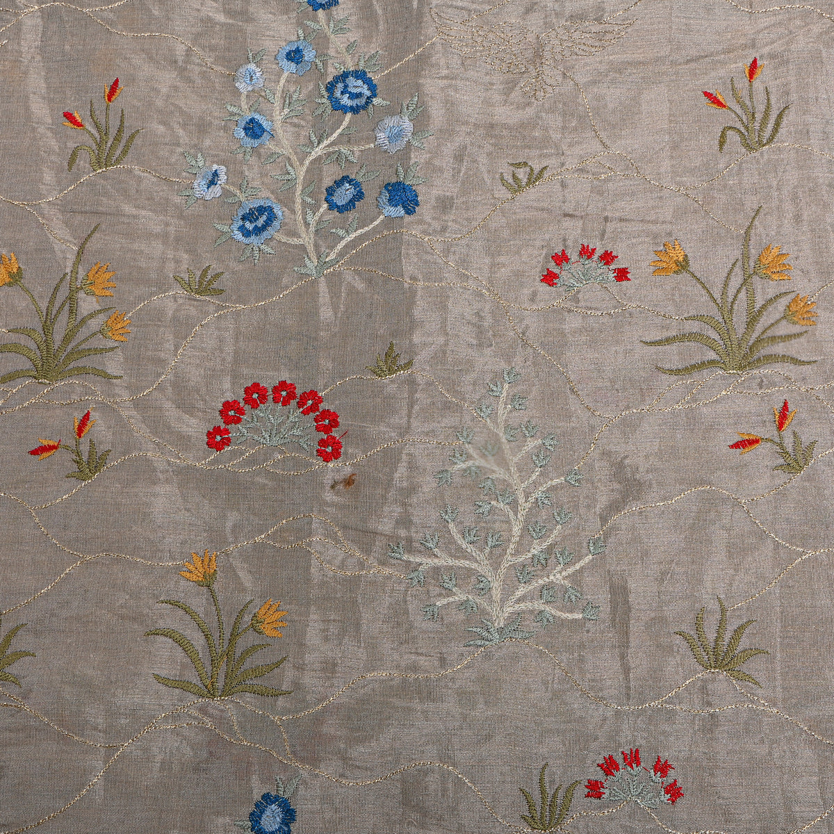 Grey Gold Blue Floral Thread Work Tissue Fabric