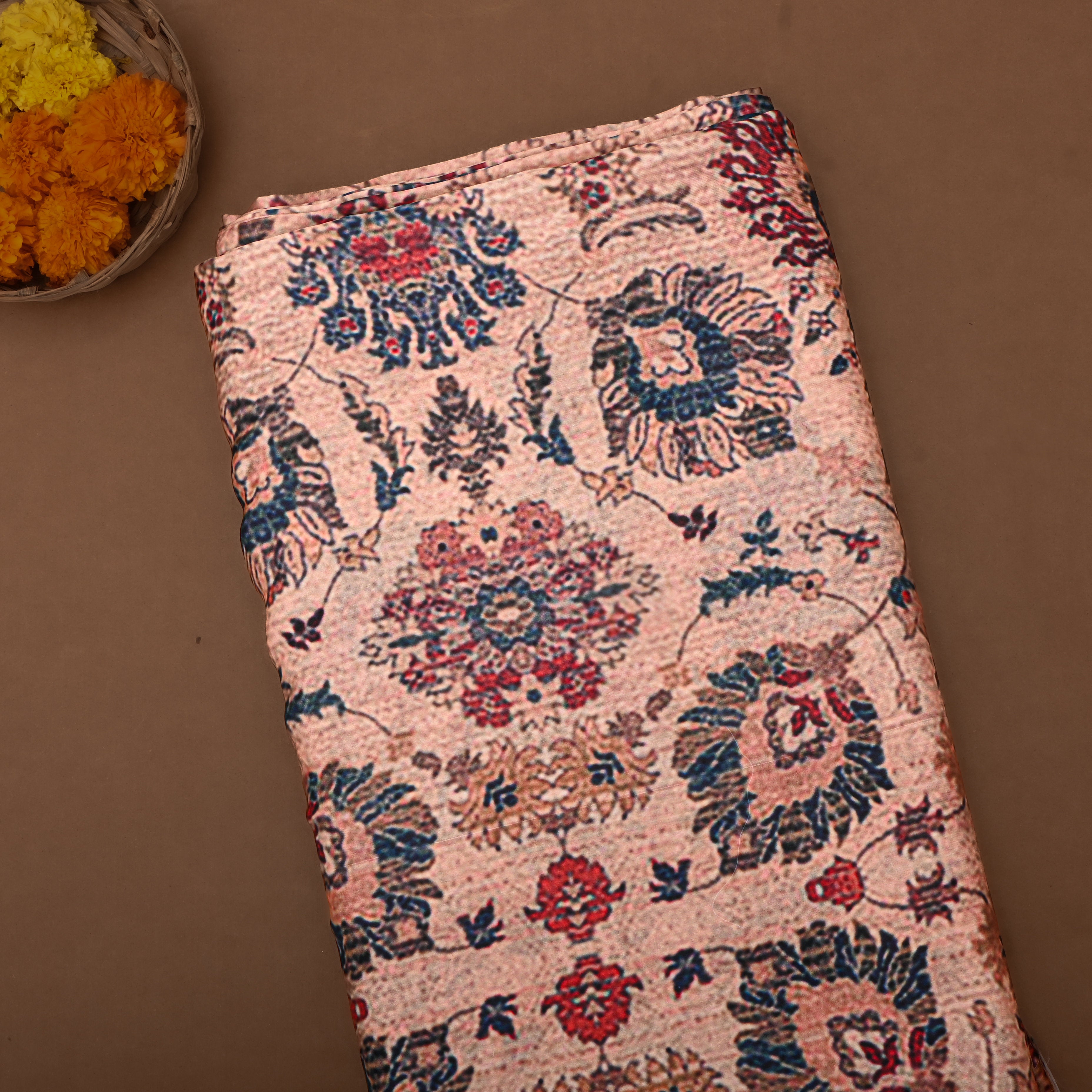 Beige Silk Fabric With Floral Prints