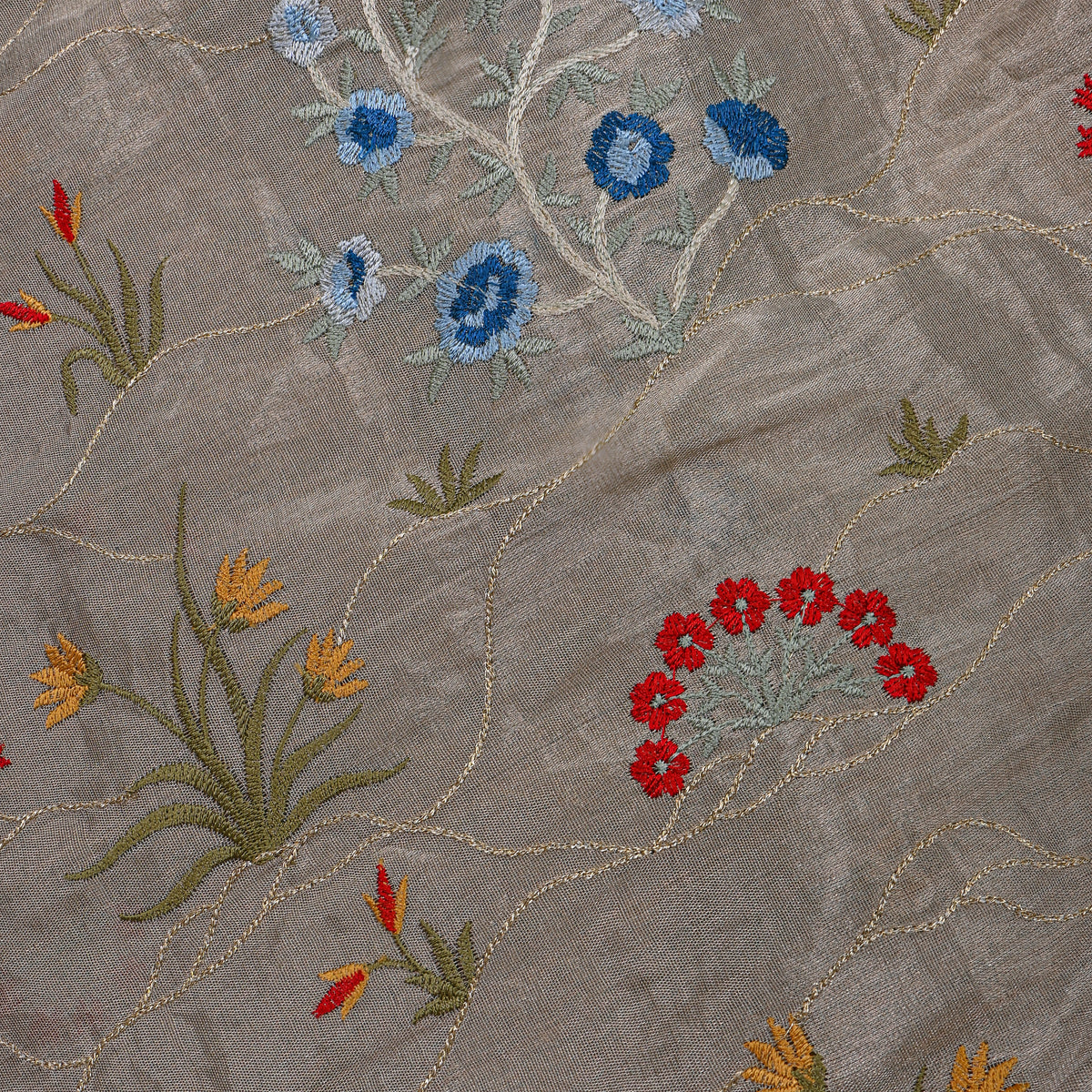 Grey Gold Blue Floral Thread Work Tissue Fabric