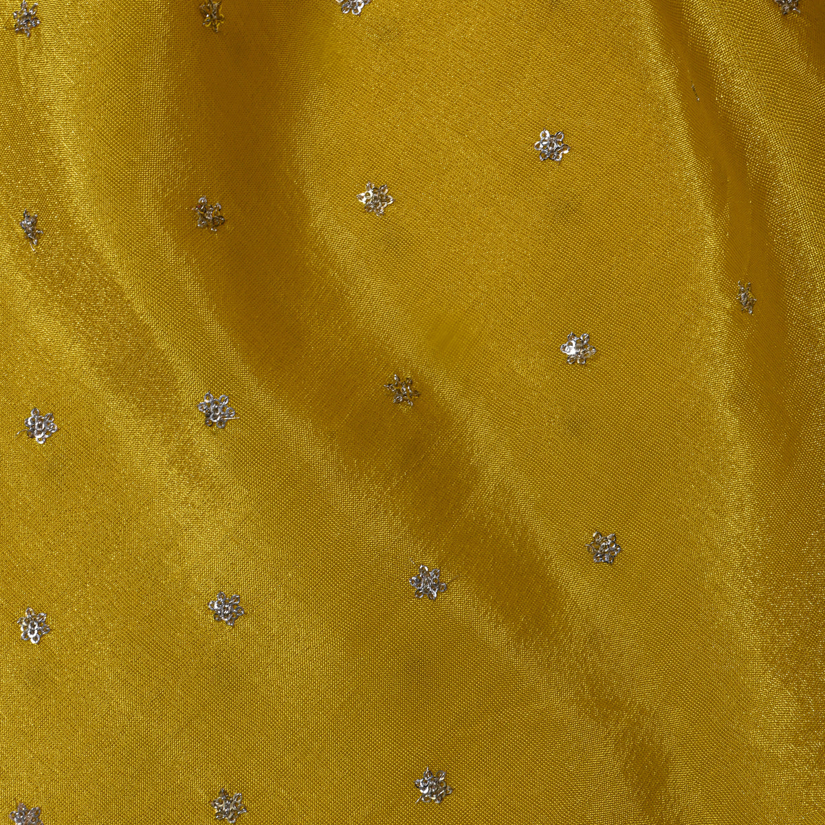 Citron Yellow Silver Sequin Floral Butti Tissue Fabric