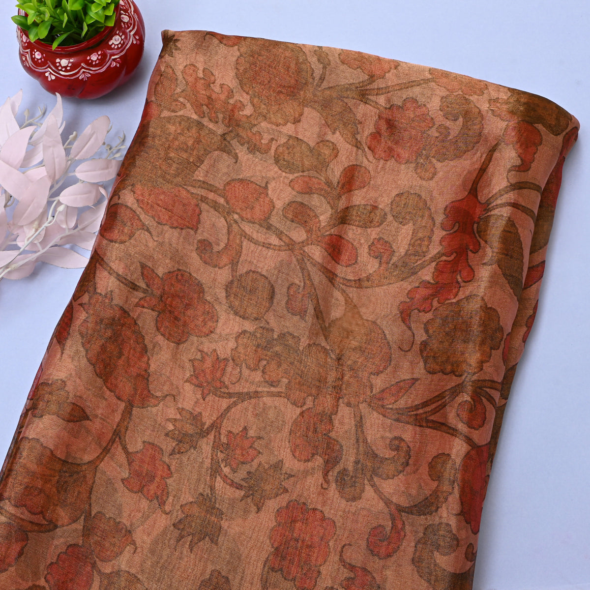 Cinnamon BrownFloral Jaal Print Organza Tissue Fabric