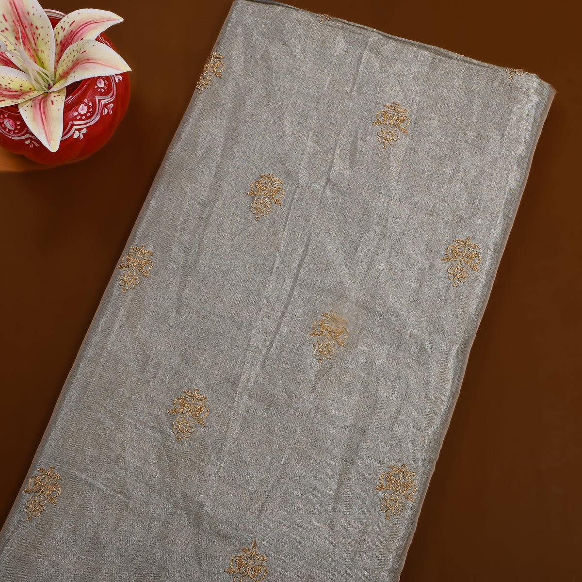 Dark Grey With Gold Zari Butti Tissue Fabric