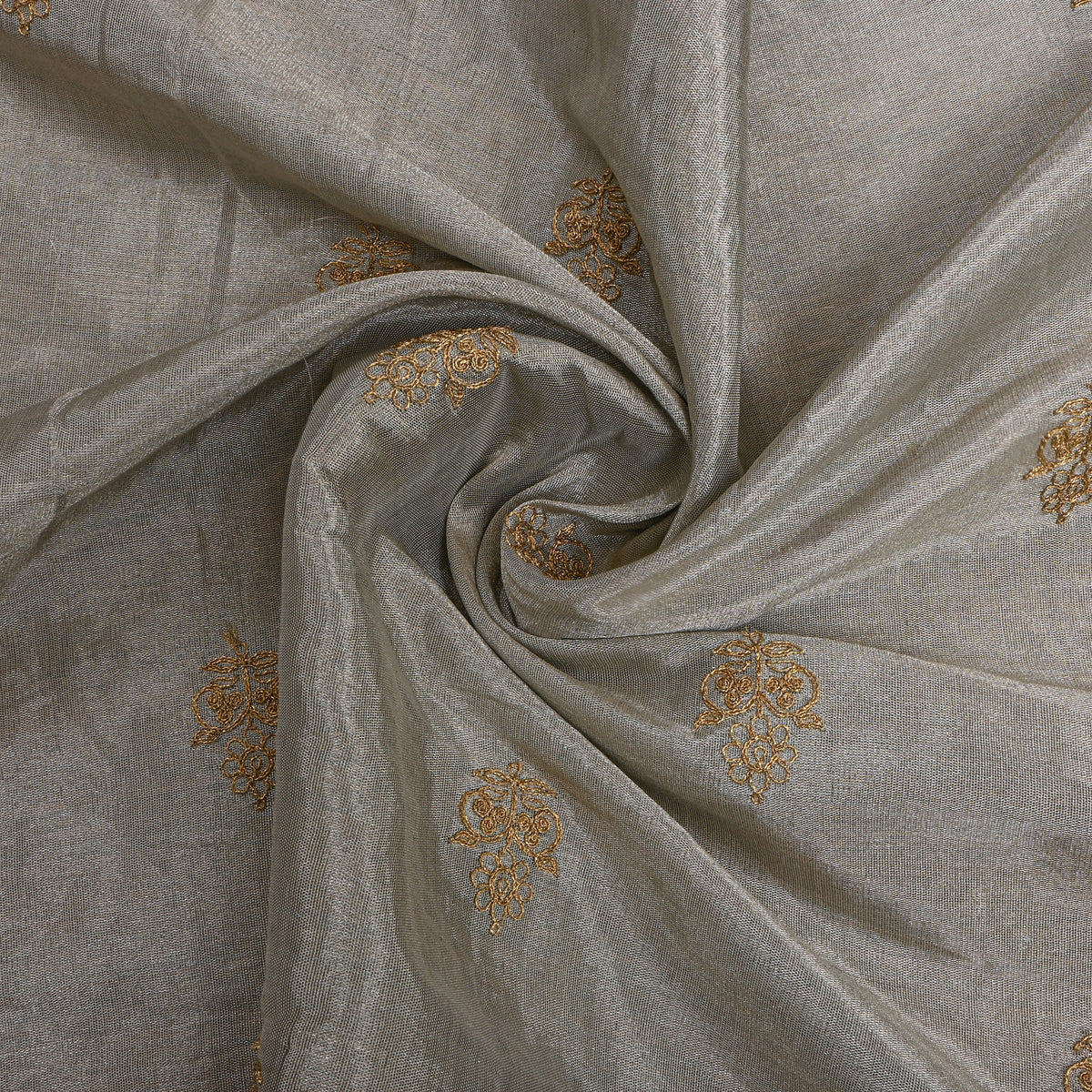 Dark Grey With Gold Zari Butti Tissue Fabric