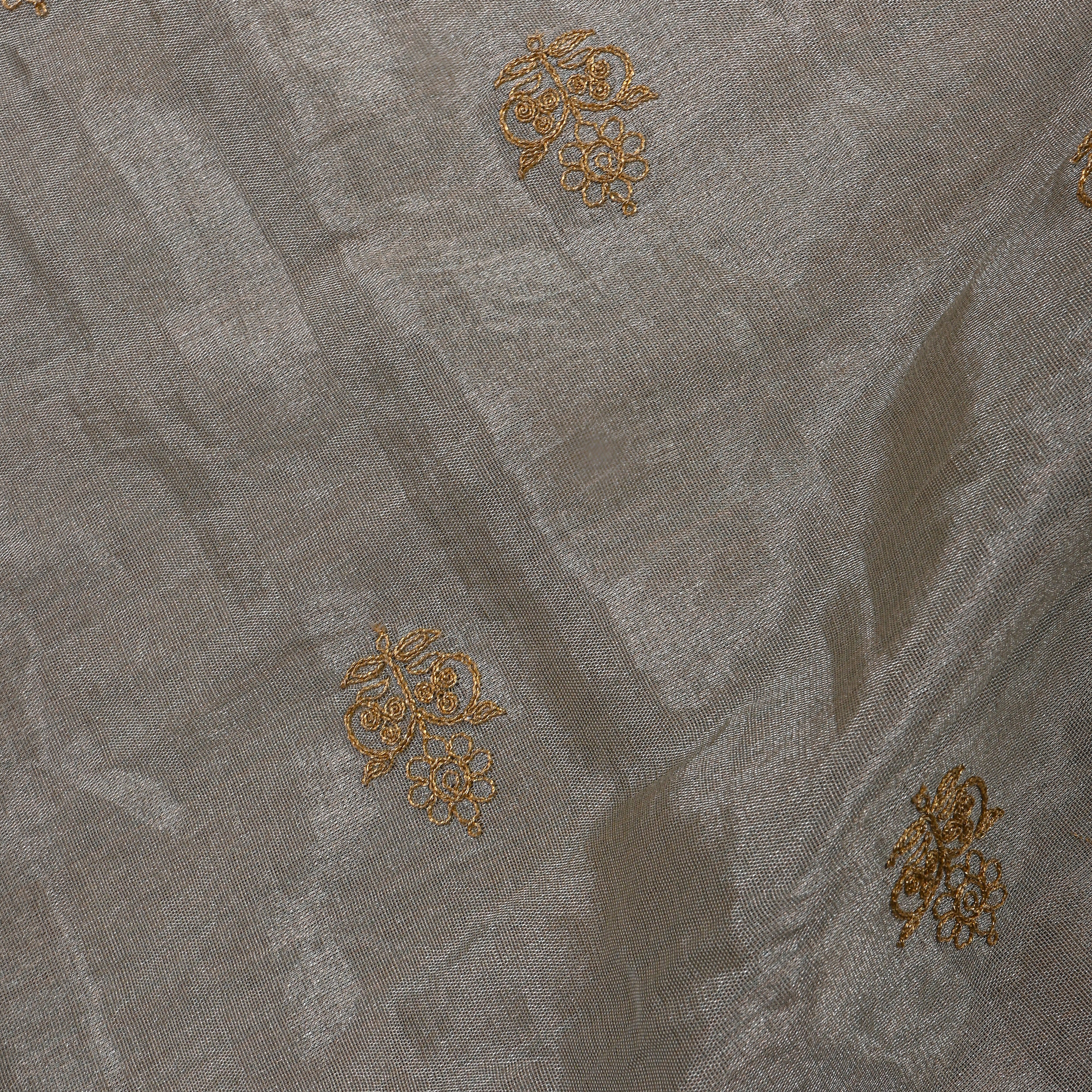 Dark Grey With Gold Zari Butti Tissue Fabric