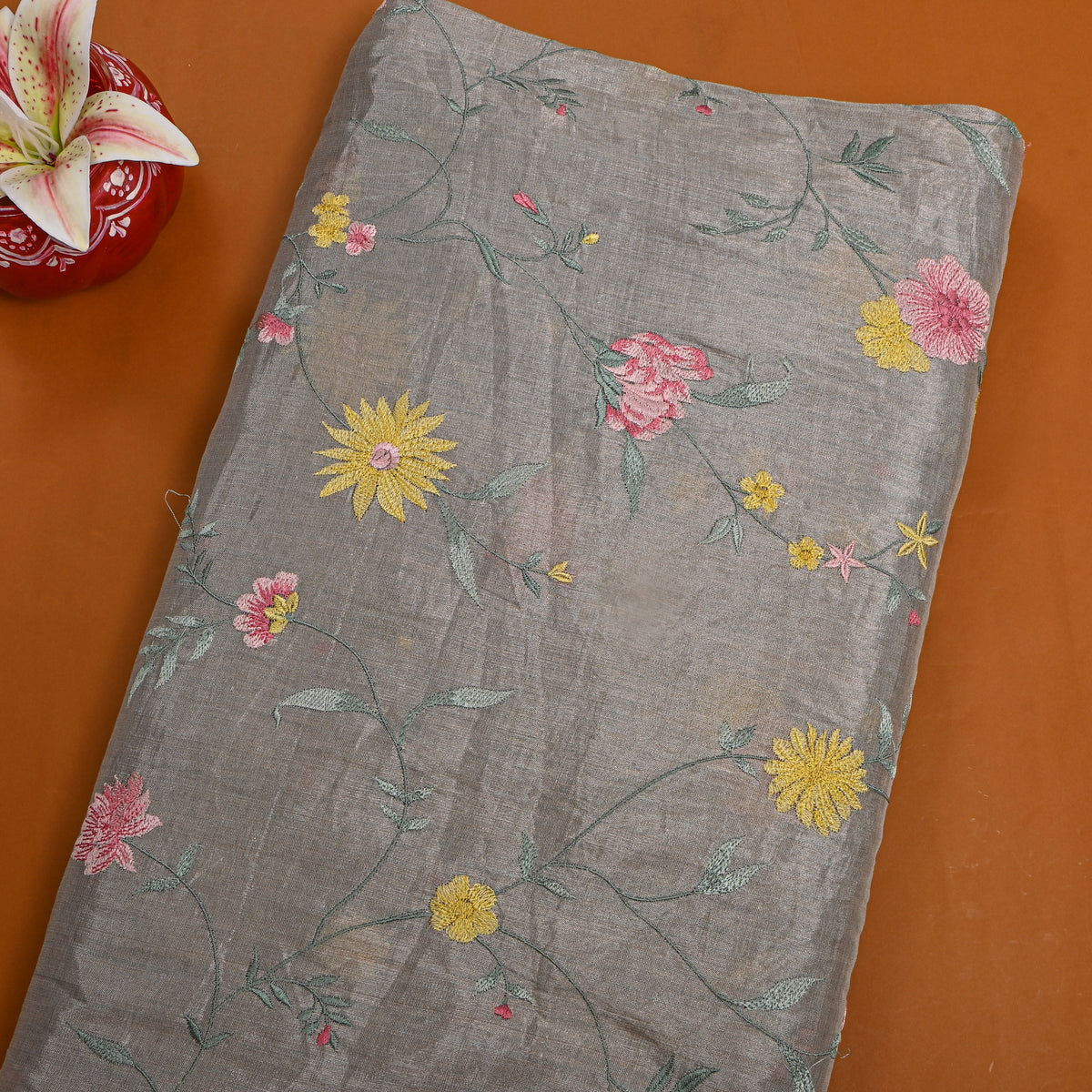 Ash Grey Earthy Floral Jaal Thread Work Tissue Fabric
