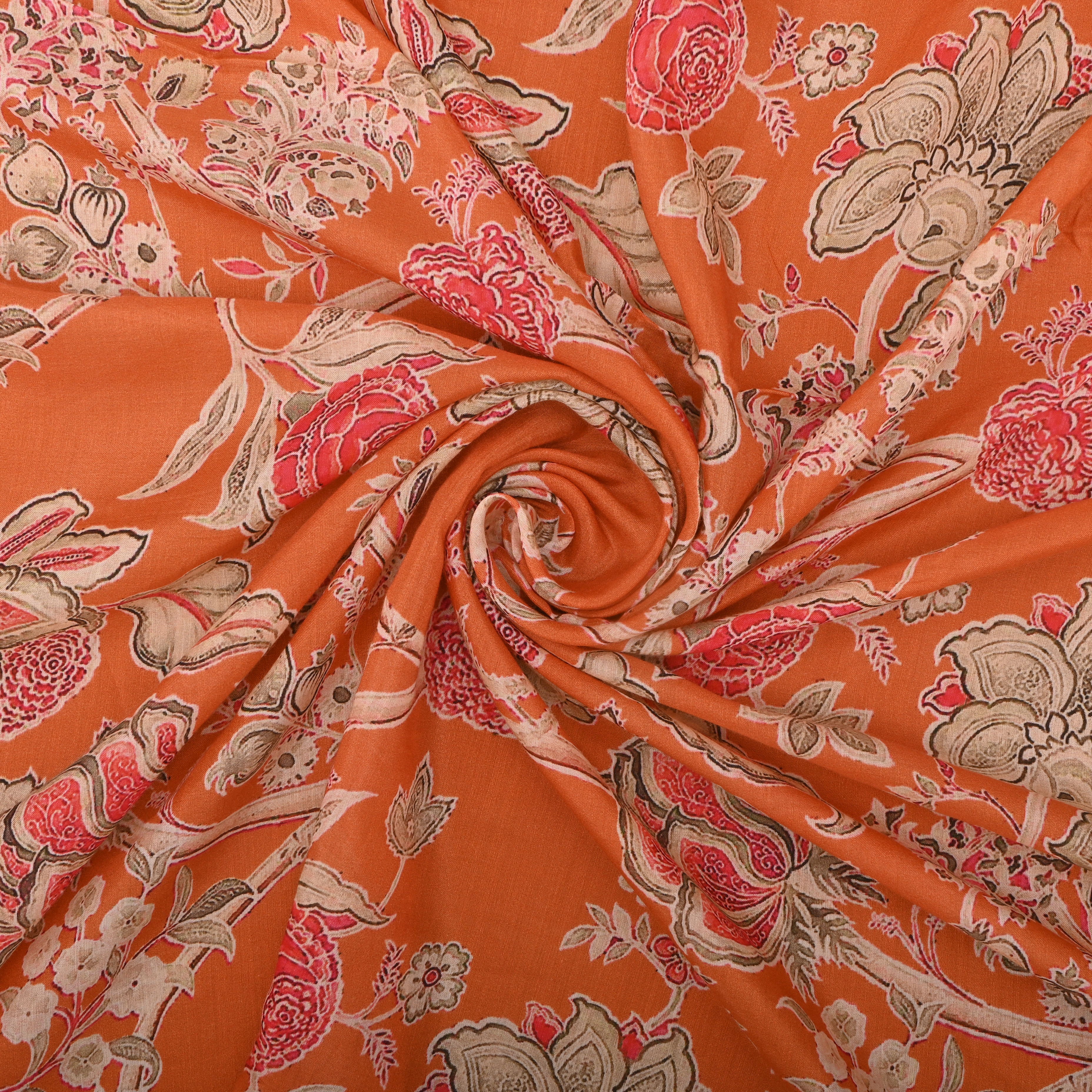 Hot Orange Silk Fabric With Digital Prints