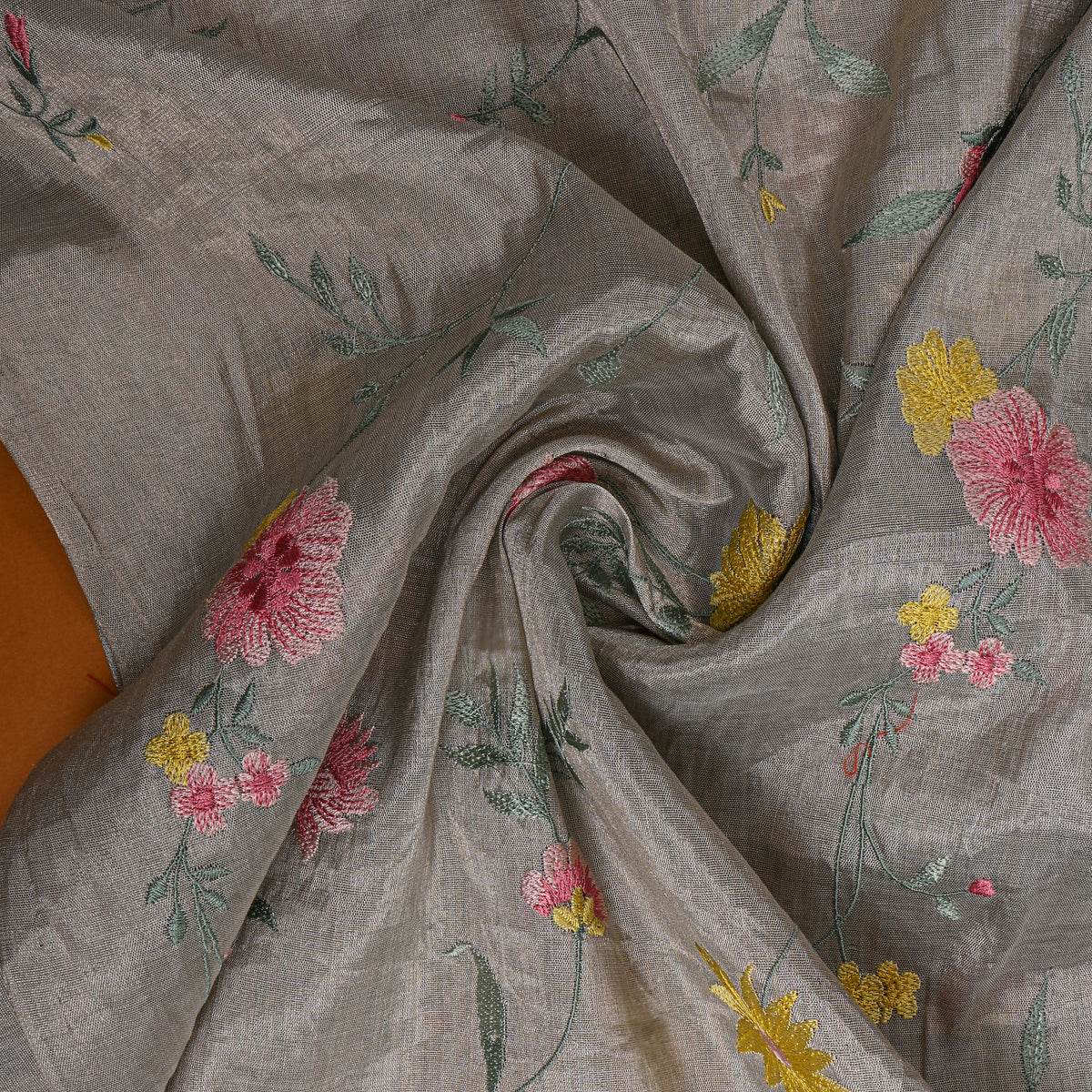 Ash Grey Earthy Floral Jaal Thread Work Tissue Fabric