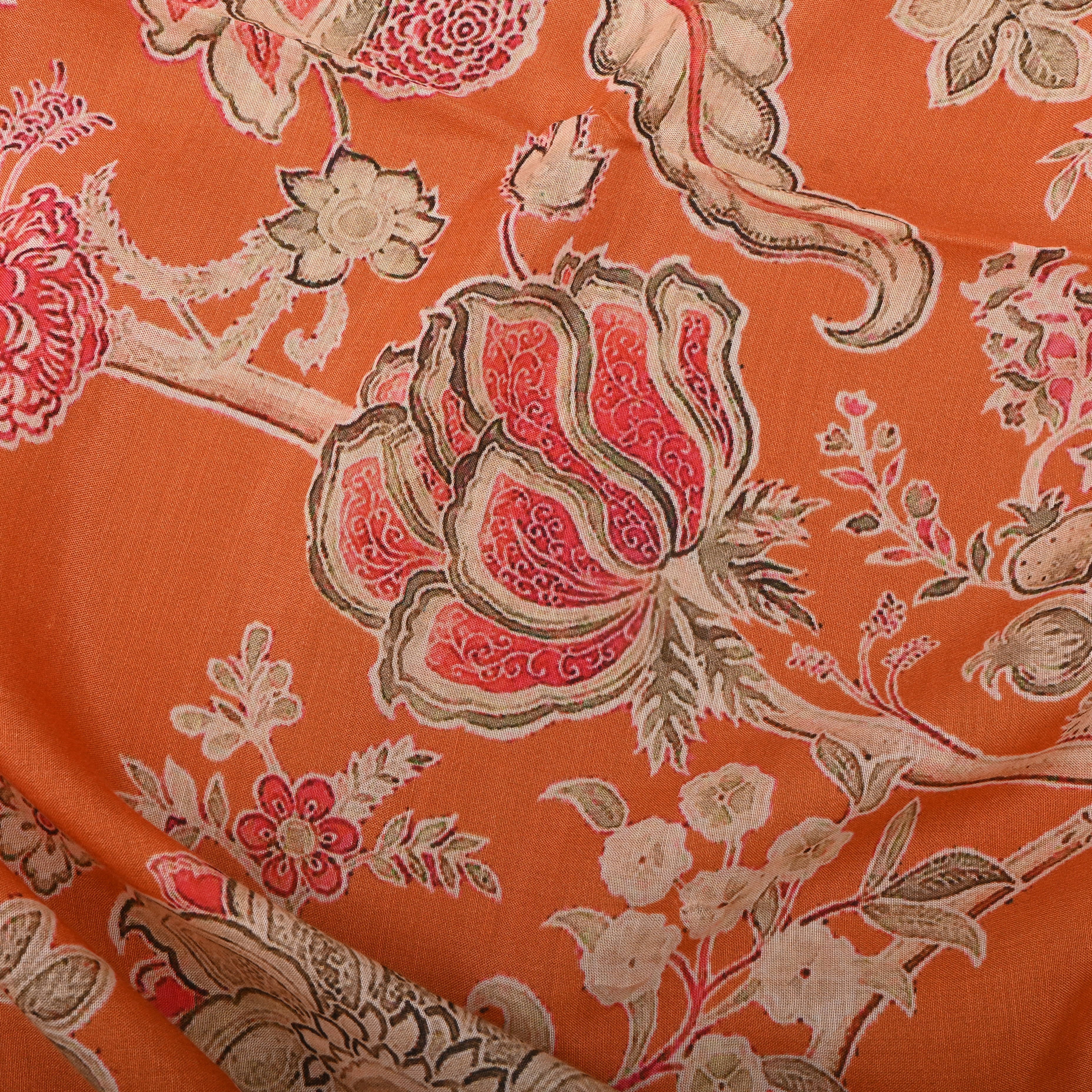 Hot Orange Silk Fabric With Digital Prints