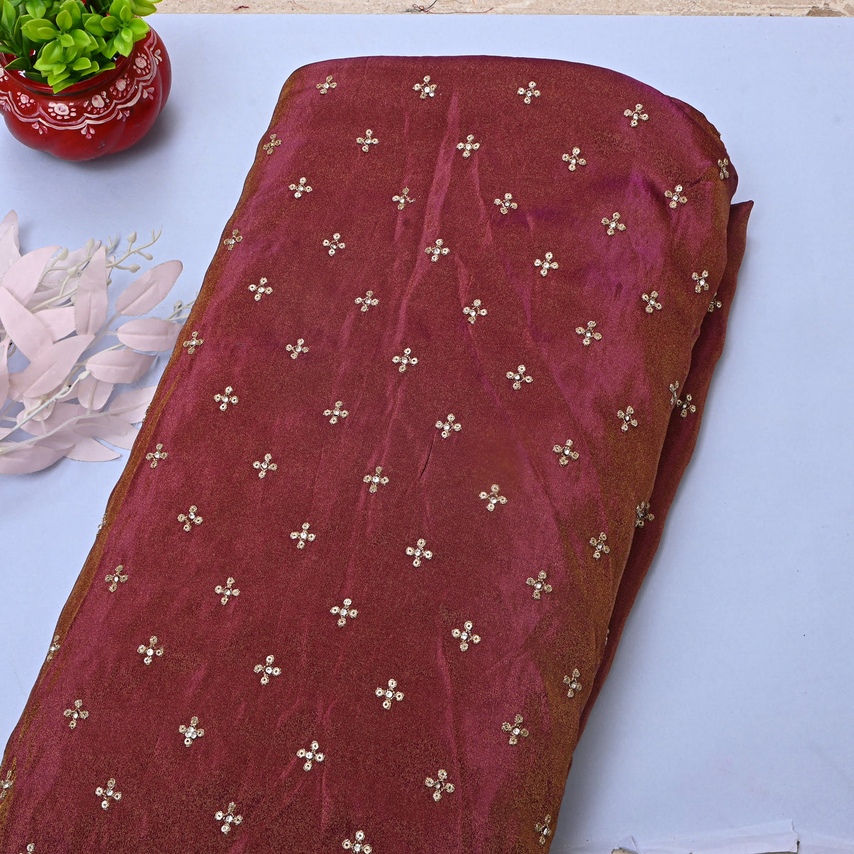 Magenta With Gold Zari Sequin Butti Embroidery Tissue Fabric