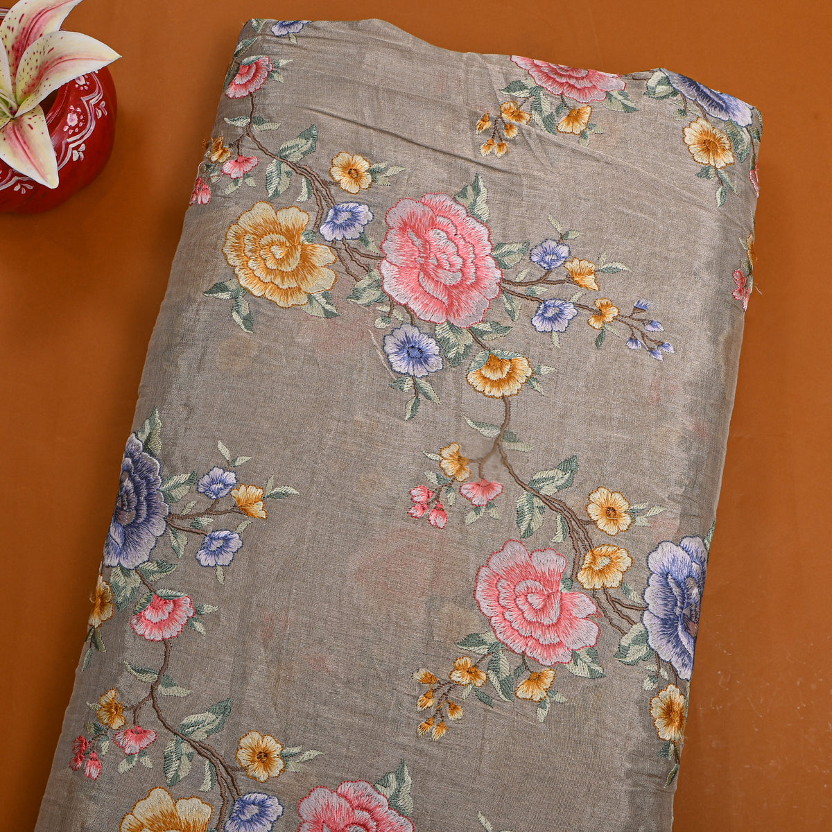 Grey Colourful Floral Jaal Thread Work Tissue Fabric