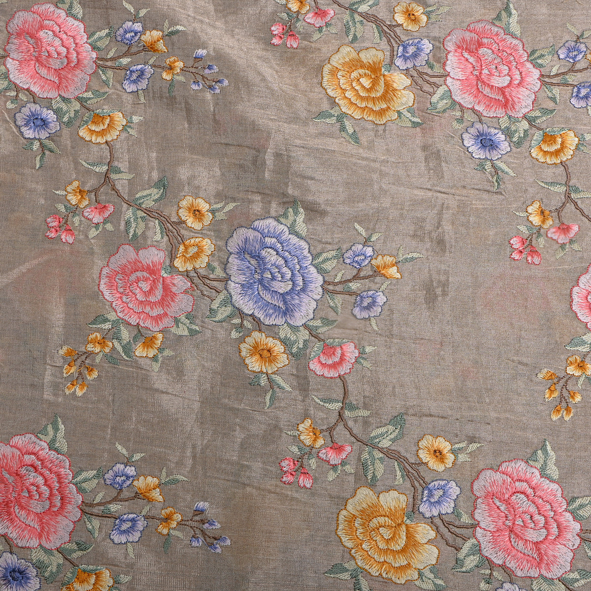 Grey Colourful Floral Jaal Thread Work Tissue Fabric